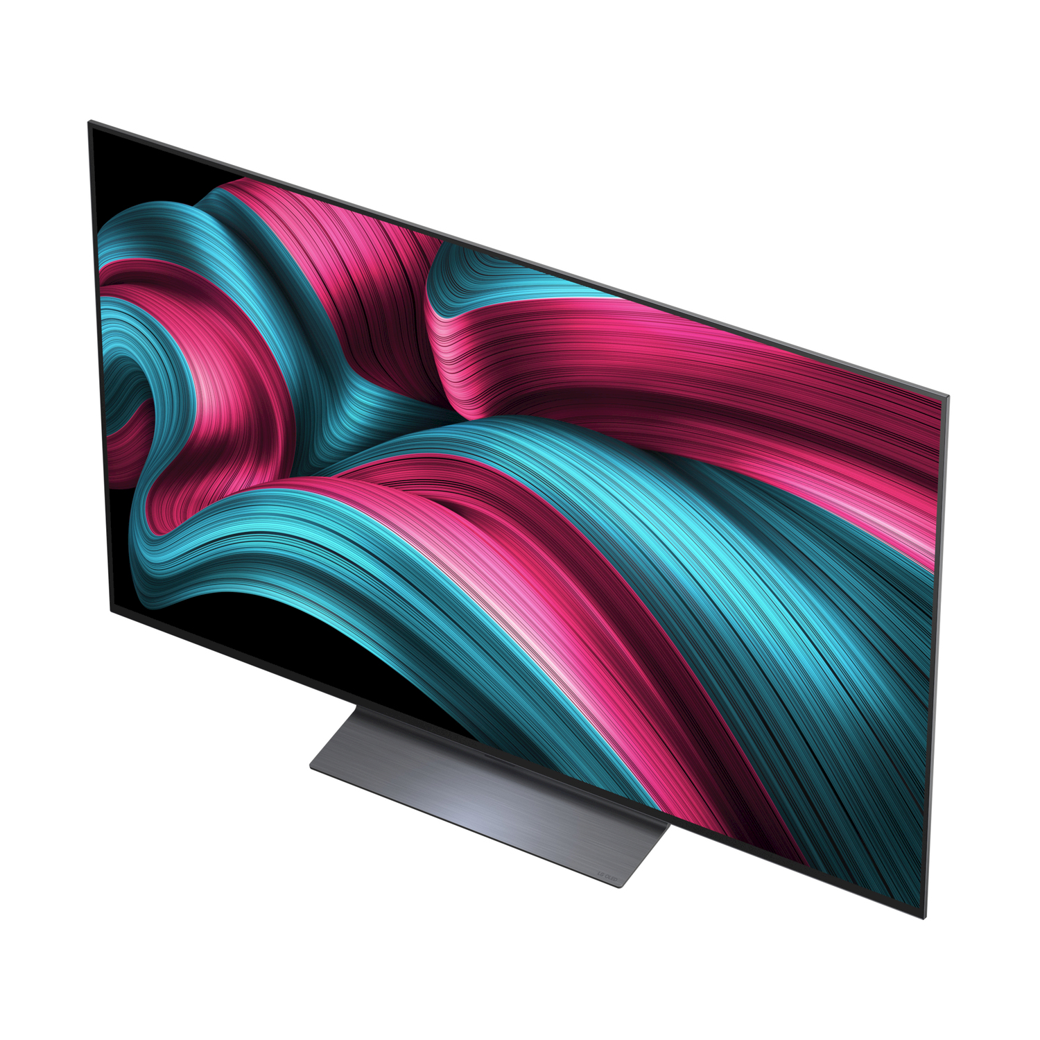 TV, vista dall'alto, schermo con design astratto colorato, cornice nera, supporto argentato, sfondo bianco.