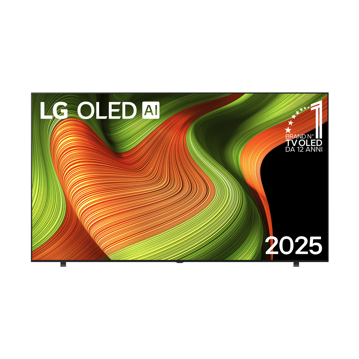 LG OLED AI TV, che mostra un design artistico astratto in tonalità arancioni e verdi.