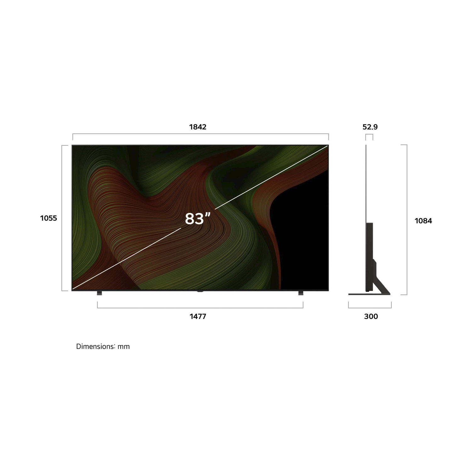 Diagramma delle dimensioni del televisore. Mostra altezza e larghezza del televisore. Cornice nera, sfondo bianco.