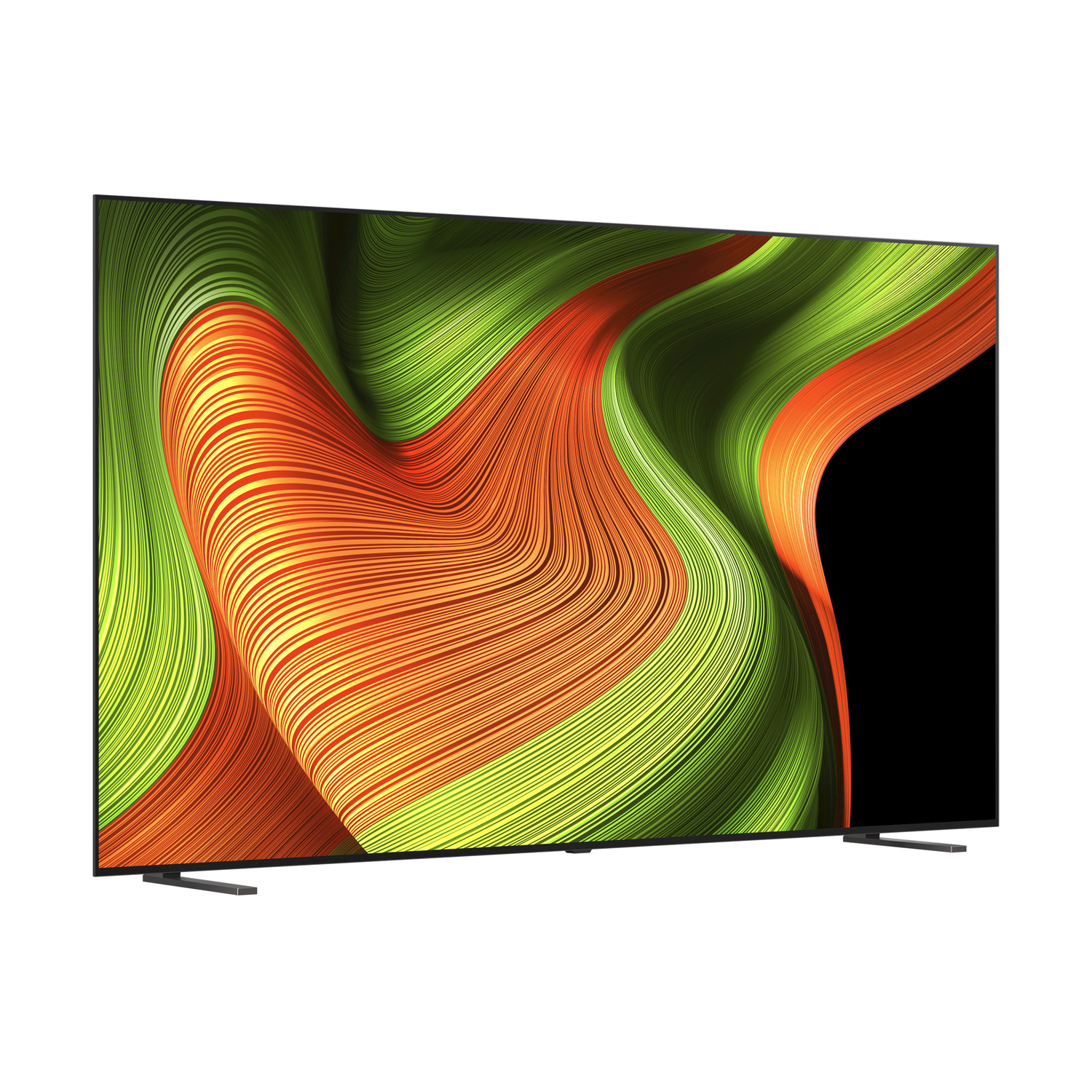 Un grande schermo TV che mostra un design astratto vibrante con colori verdi e arancioni.