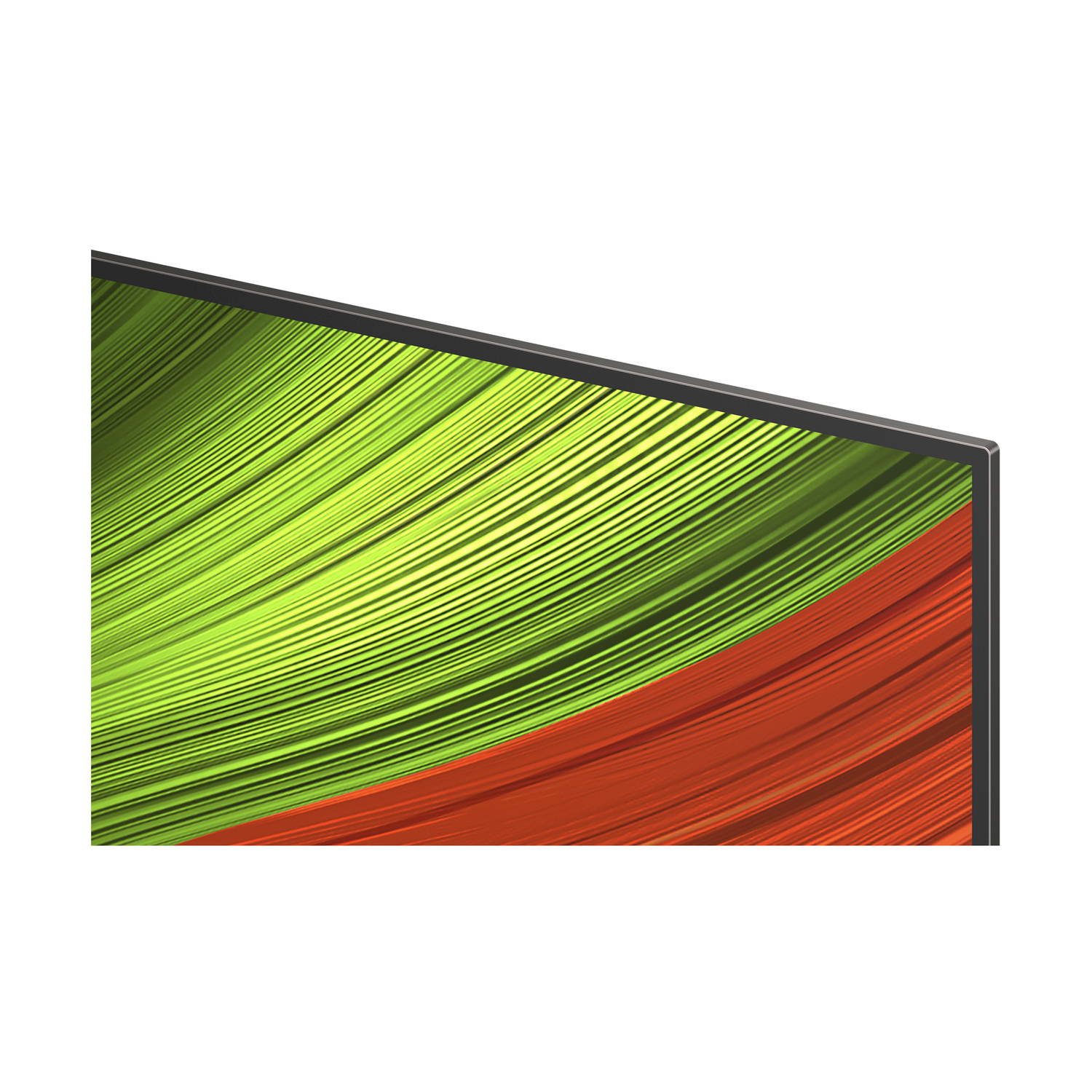 Primo piano di uno schermo televisivo che mostra un design astratto colorato con verde e rosso.