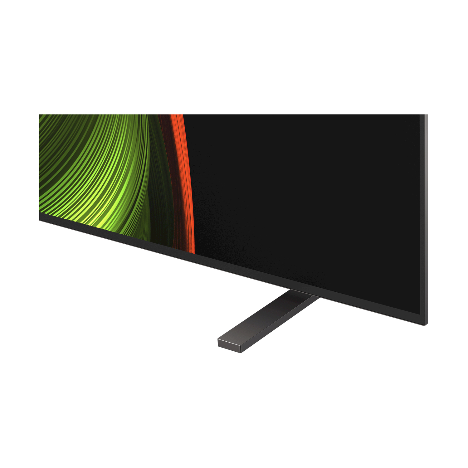 TV, angolazione bassa, schermo e cornice neri, design verde e arancione, supporto nero, sfondo bianco.