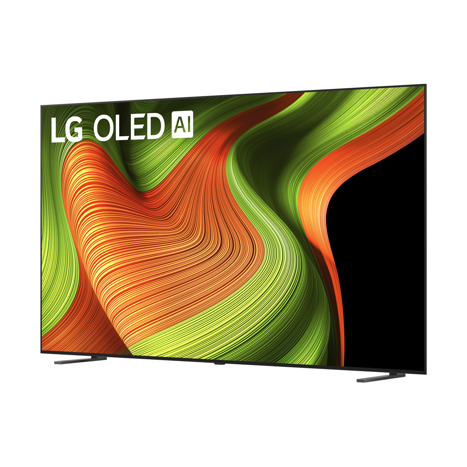 Un grande schermo TV nero con un motivo vibrante e vorticoso in verde e arancione.