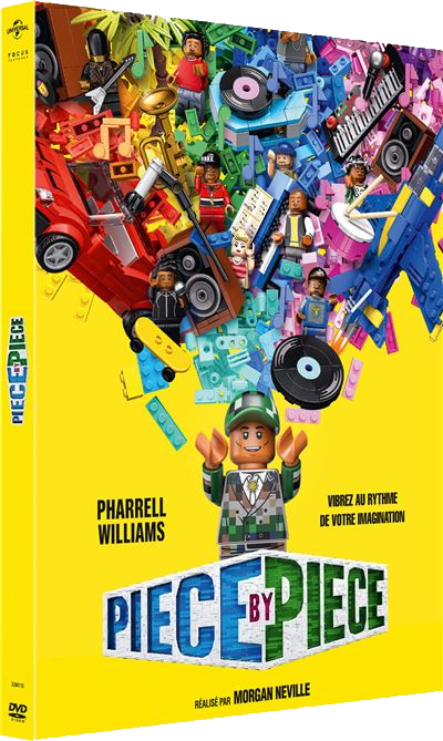 DVD-cover van 'Piece by Piece' met LEGO-figuren en Pharrell Williams.