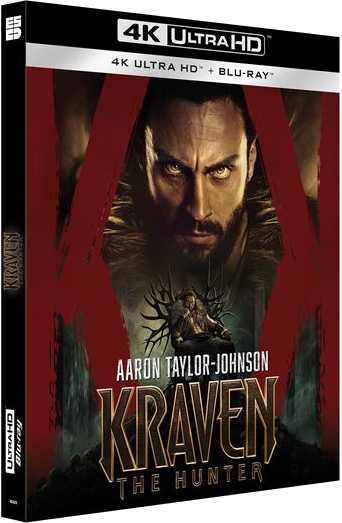 Een 4K Ultra HD Blu-ray box voor 'Kraven The Hunter'. De cover toont Aaron Taylor-Johnson.