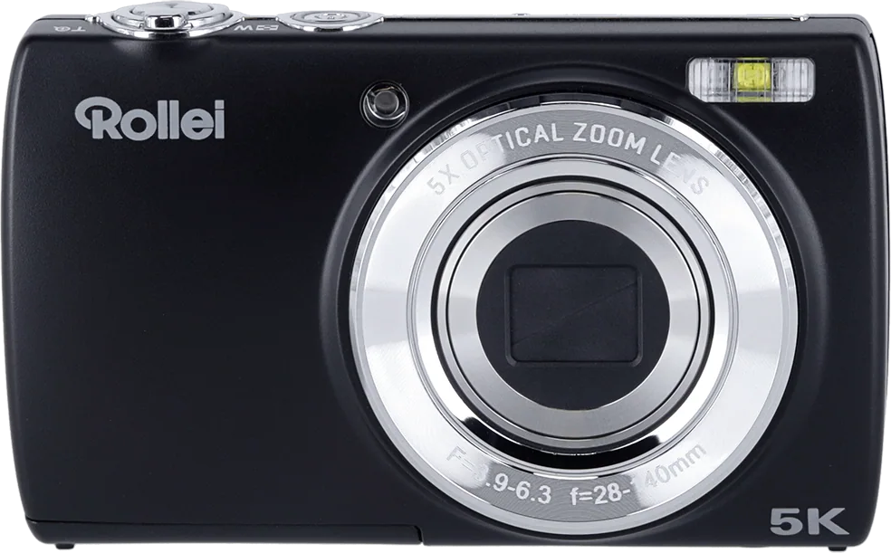 Schwarze Rollei 5K Kamera. Silberne Akzente und Objektiv. Die Vorderseite der Kamera ist sichtbar.
