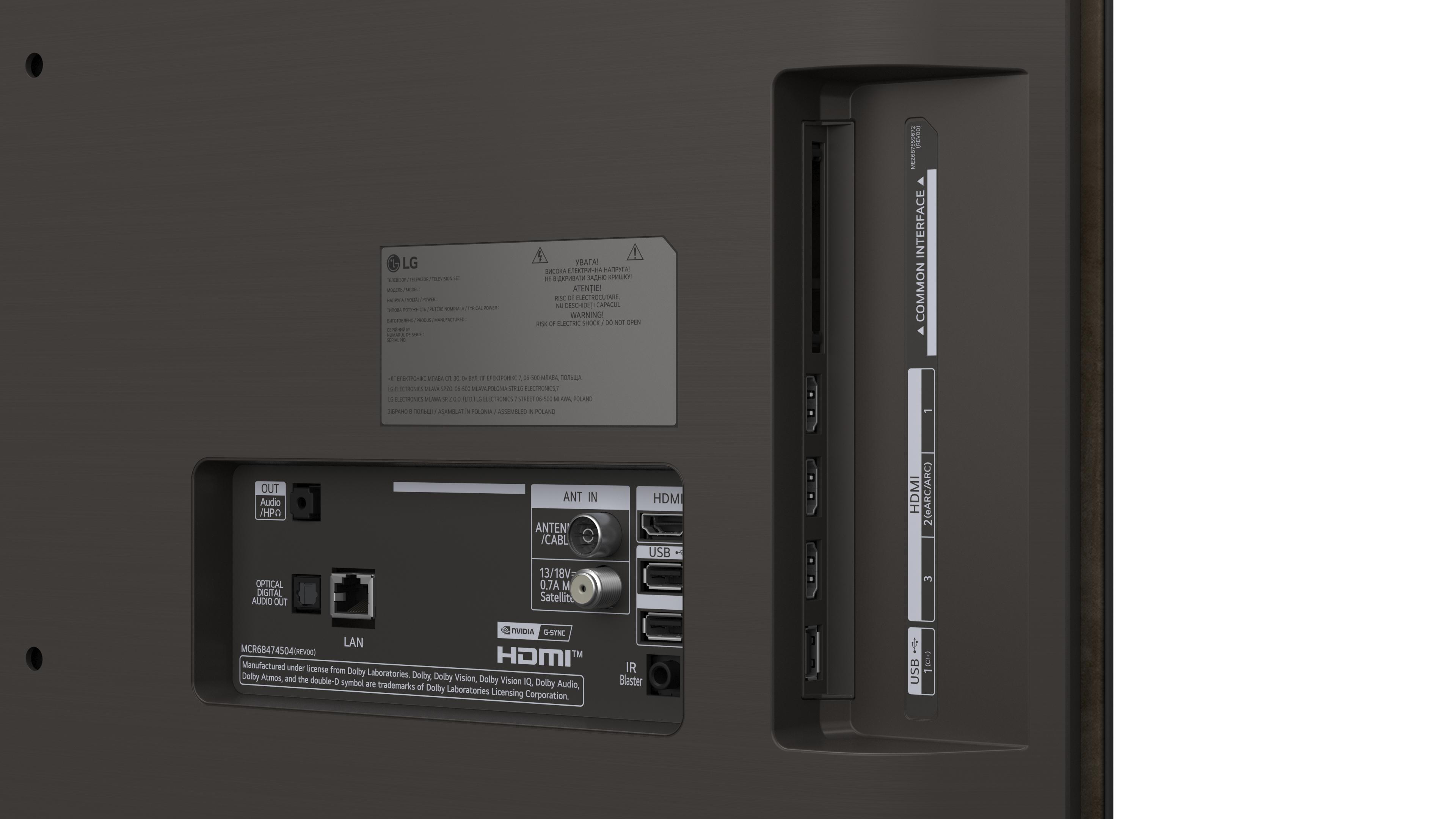 Rückseite des Fernsehers mit Anschlüssen. HDMI, USB, Audioeingang und andere Anschlüsse sind sichtbar.
