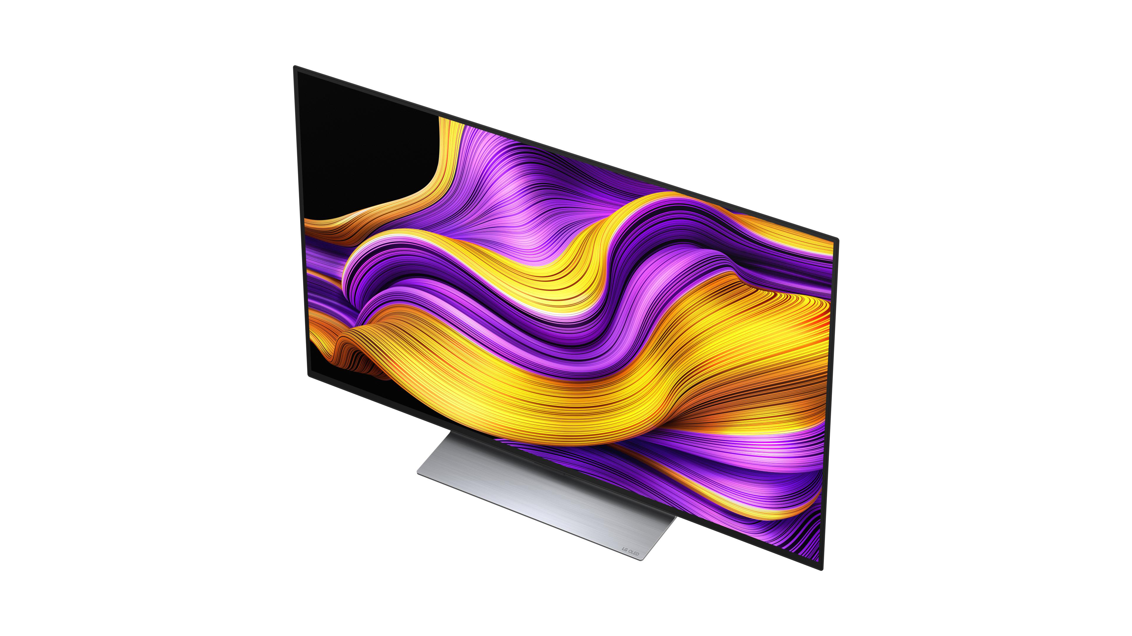 Fernseher, Draufsicht, farbenfrohes abstraktes Design, schwarzer Rahmen, silberner Ständer, weißer Hintergrund.
