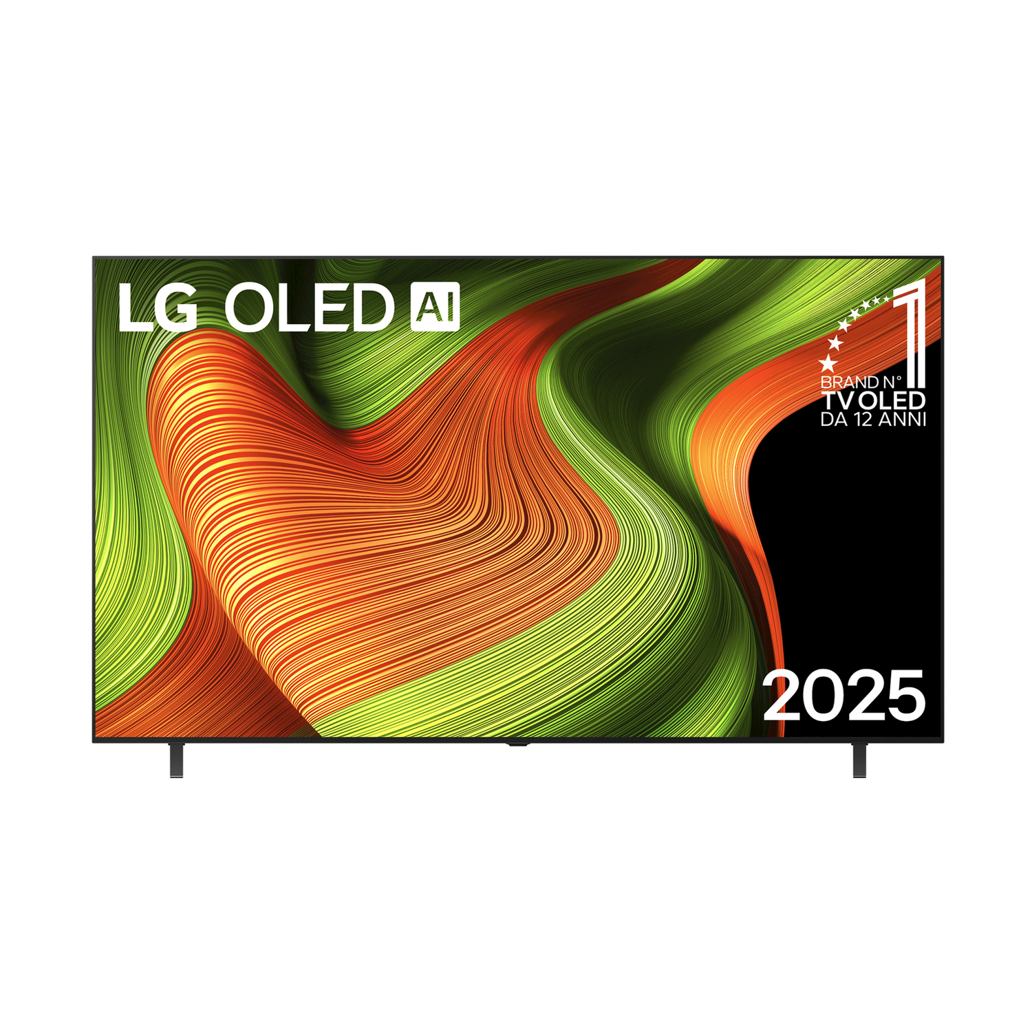 Un TV LG OLED evo AI mostra un motivo astratto colorato. Il numero '2025' è mostrato.