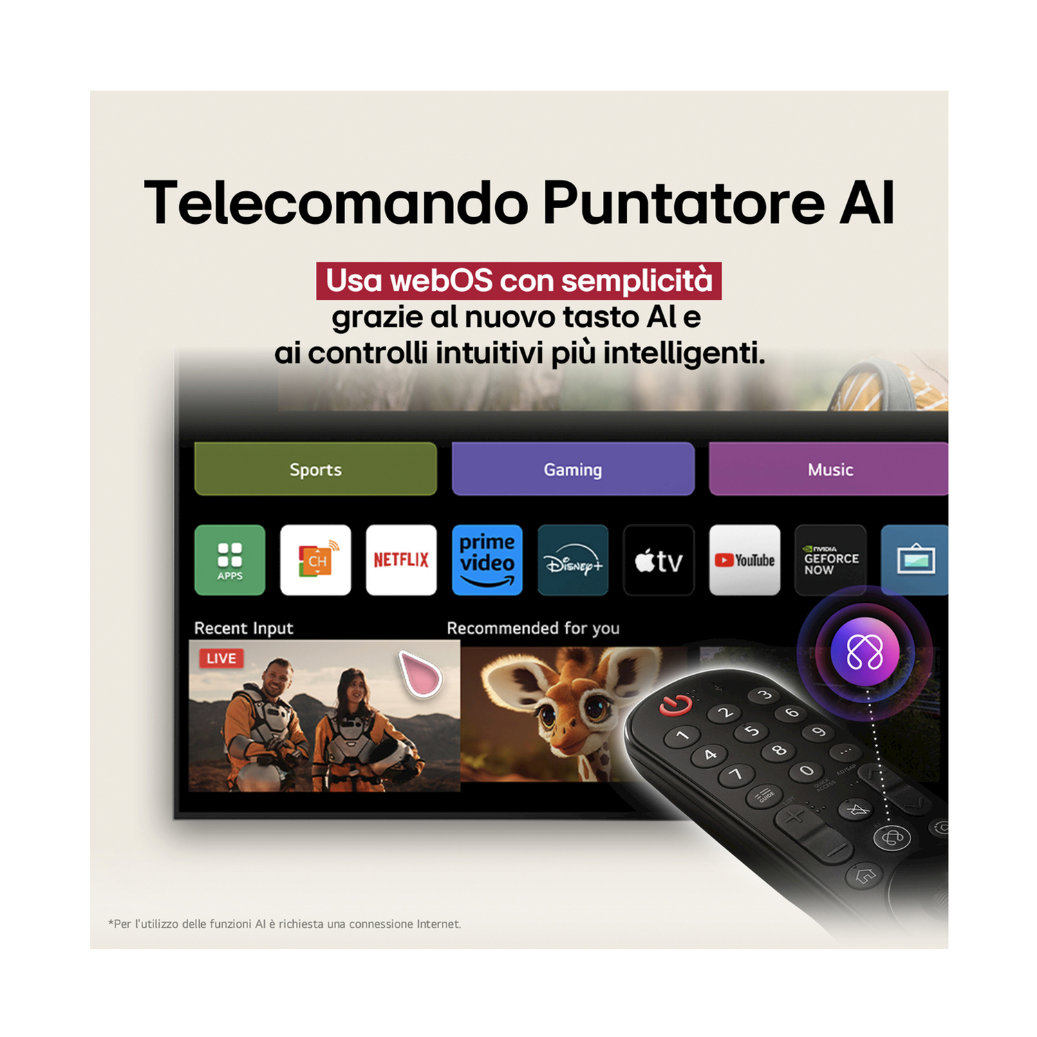 Uno schermo TV con un telecomando. Lo schermo mostra app e servizi di streaming. Il telecomando ha molti pulsanti.