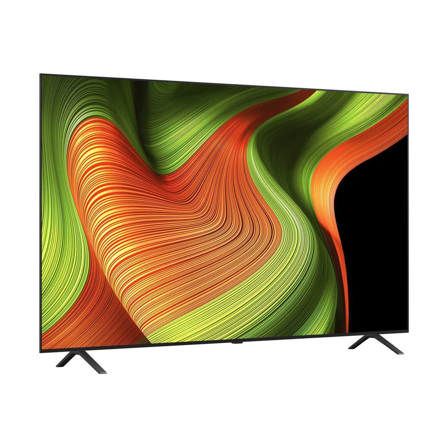 Un grande televisore con una cornice nera. Lo schermo mostra un design astratto e colorato.