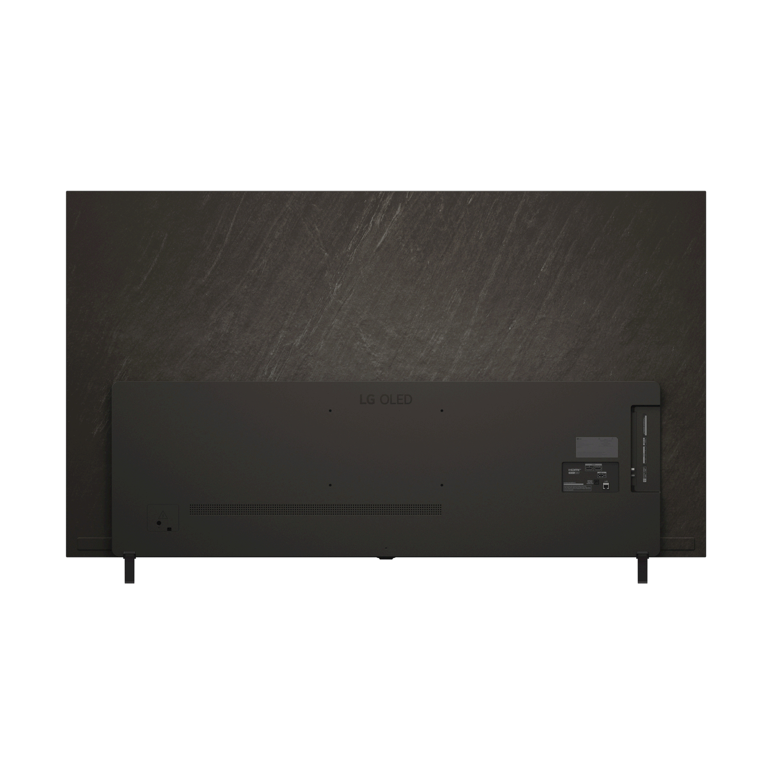 Retro di una TV OLED LG nera, con porte e supporto. Parete scura strutturata sullo sfondo.