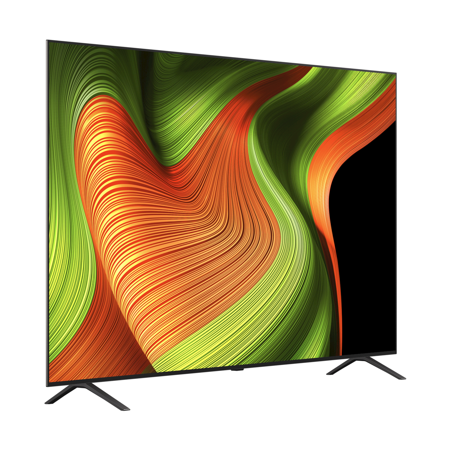 TV, angolazione bassa, schermo e cornice neri, design verde e arancione, supporto nero, sfondo bianco.