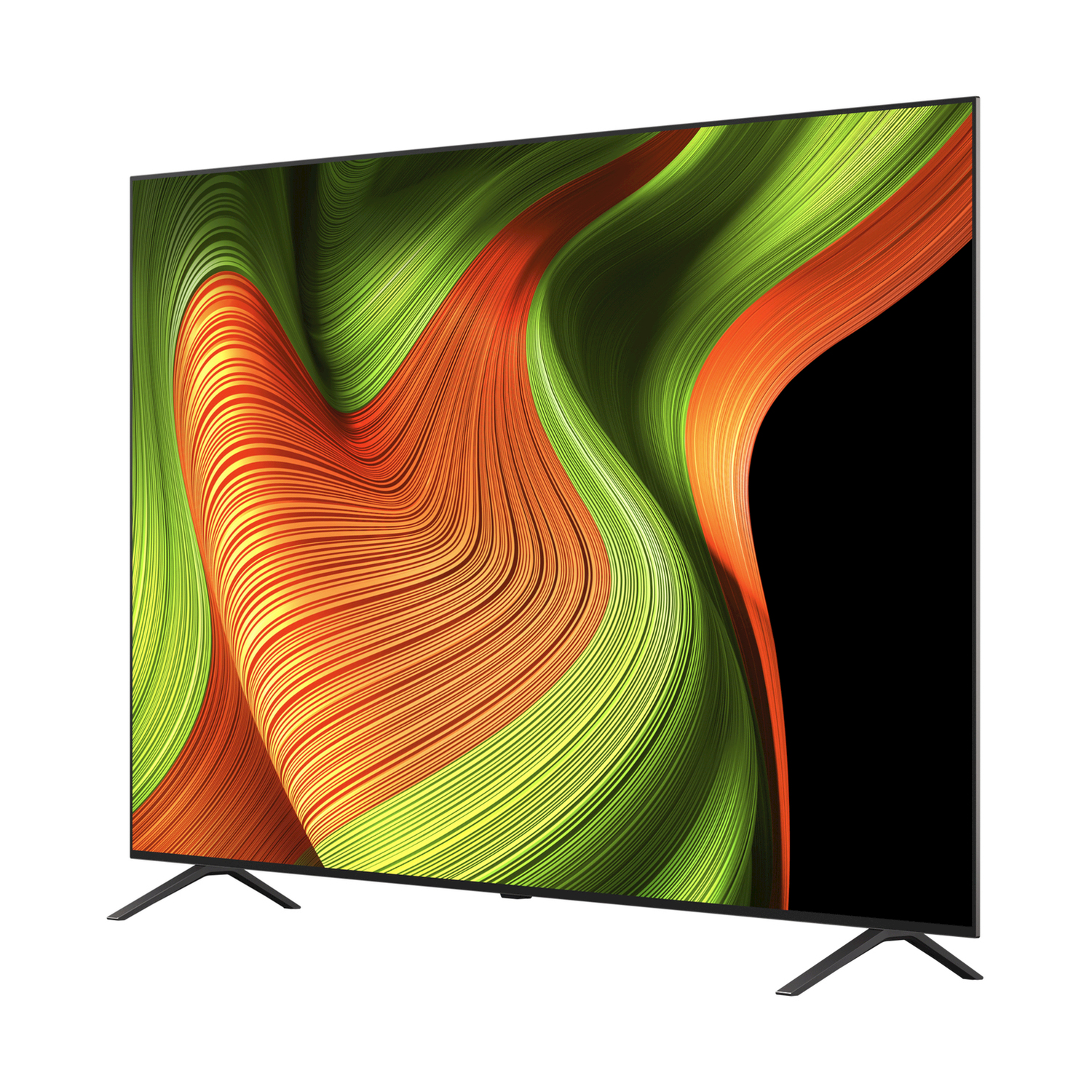 La TV ha una cornice nera e un design astratto verde e arancione sullo schermo.
