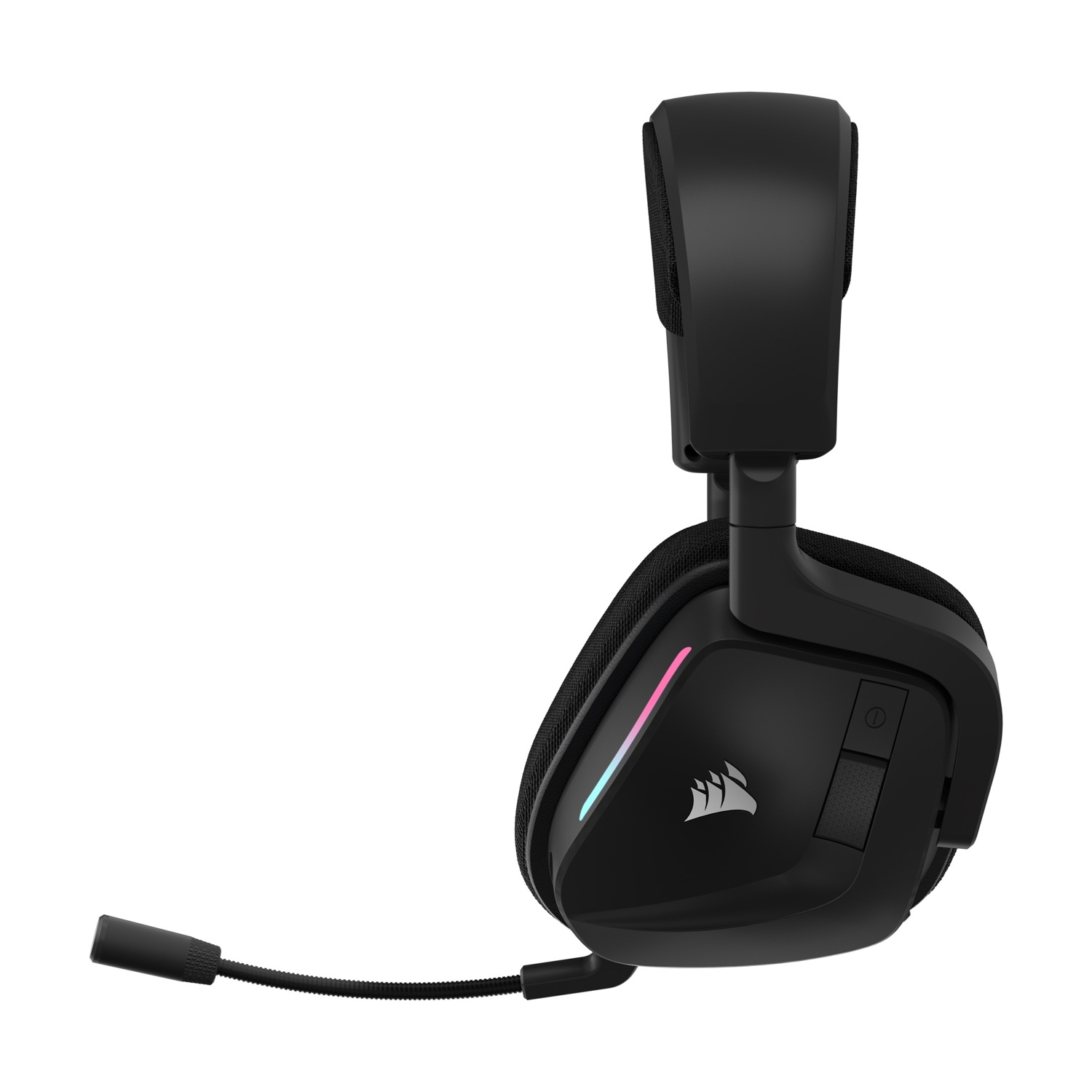 Cuffie da gioco nere con microfono, logo laterale e sfondo bianco.
