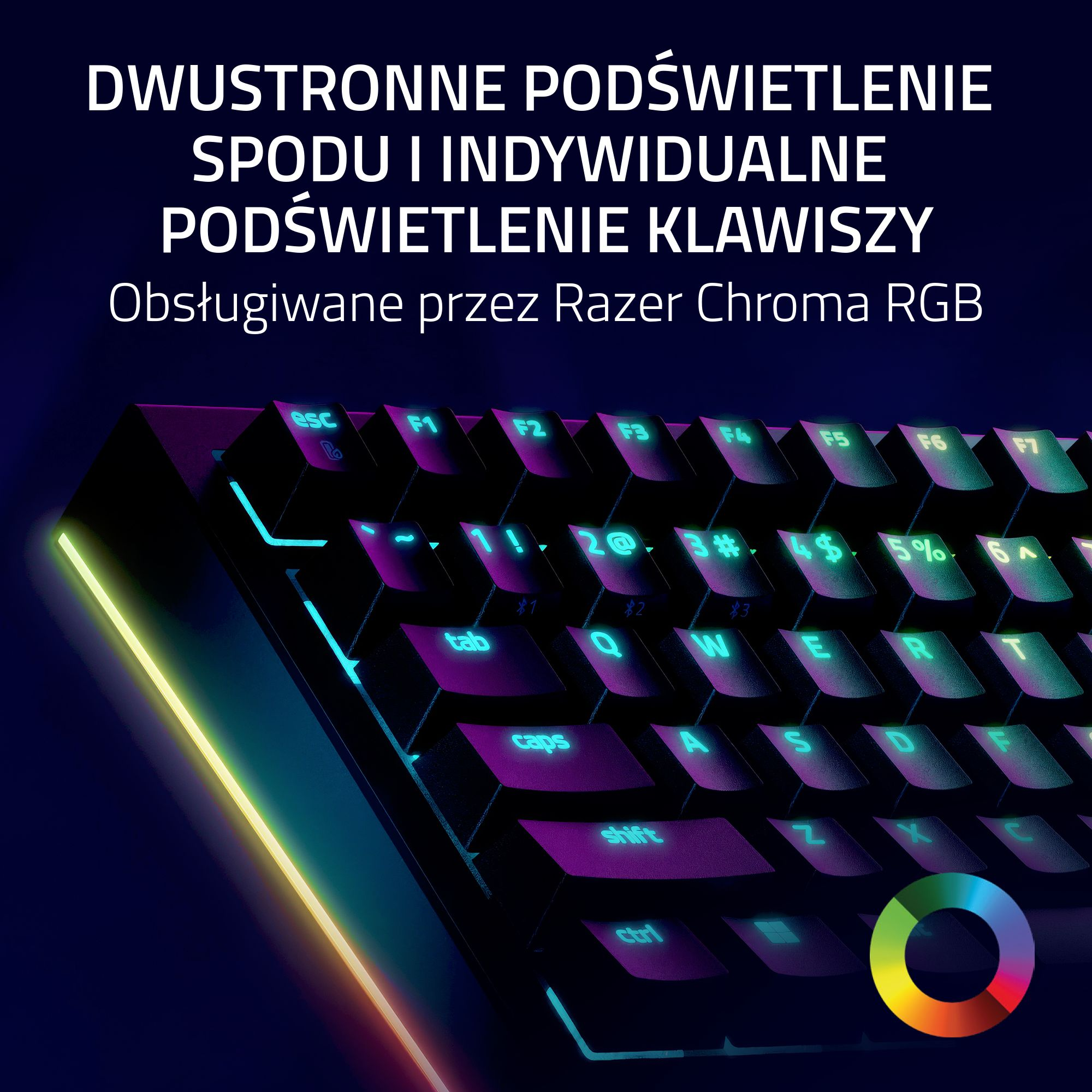 Zbliżenie klawiatury z podświetlanymi klawiszami i kolorowym paskiem świetlnym.