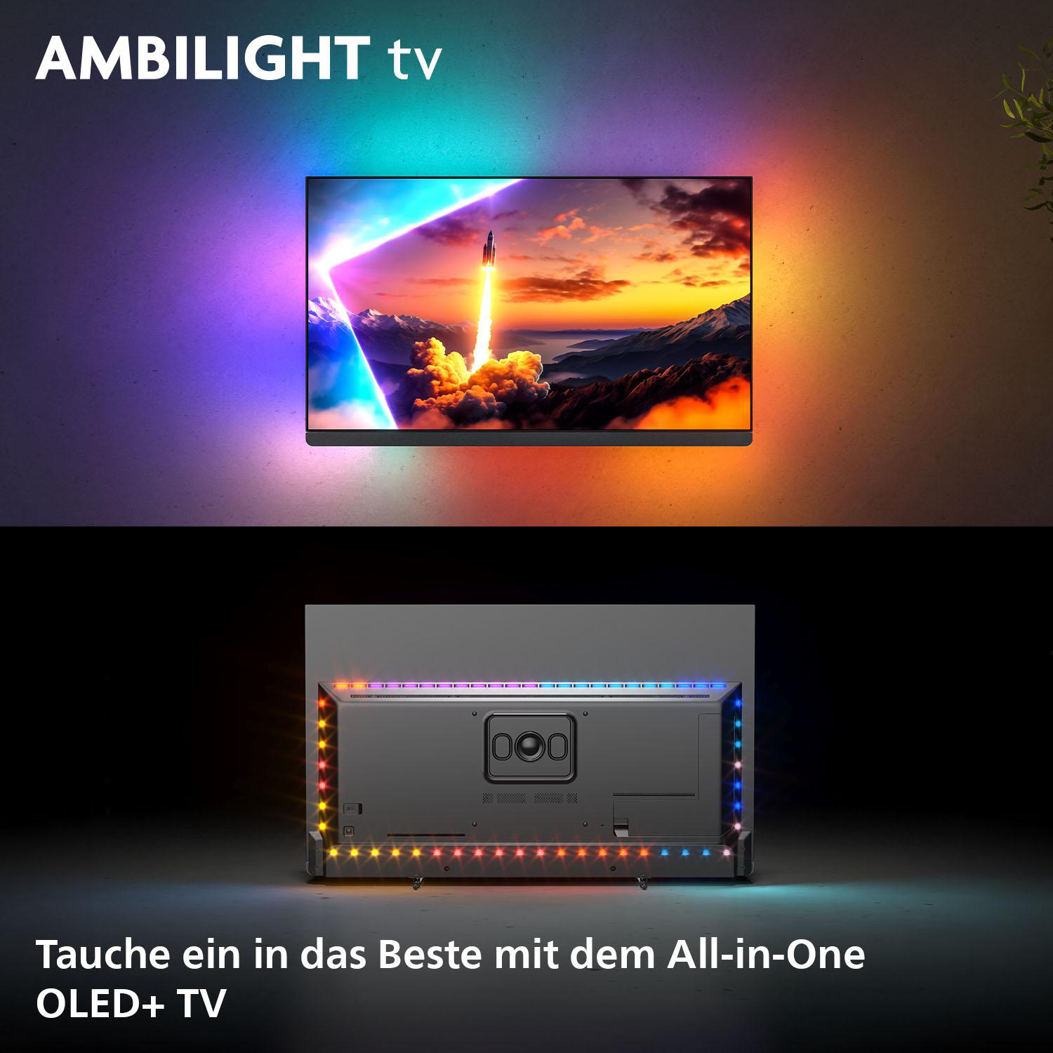 TV mit Raketenstart auf dem Bildschirm, mit Rückansicht des TVs, die bunte Lichter und Anschlüsse zeigt.