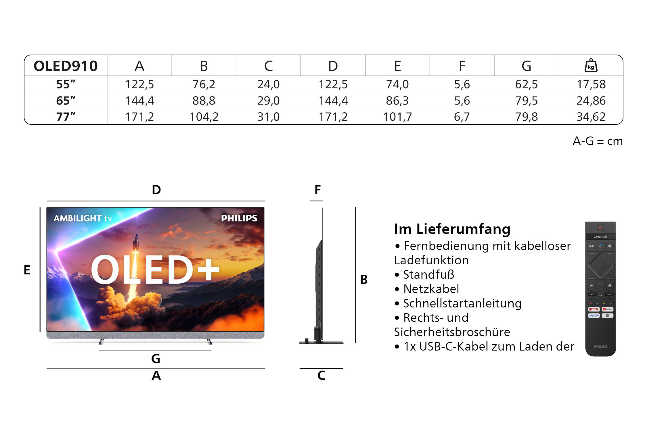 Diagramm eines Fernsehers mit Abmessungen und einer Fernbedienung.