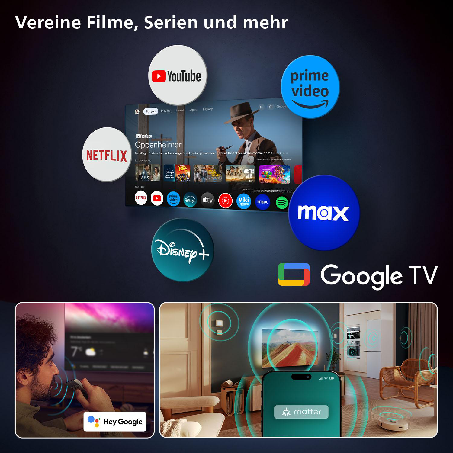 Smart-TV-Oberfläche mit App-Symbolen, ein Mann mit Fernbedienung und eine Smart-Home-Szene mit Telefon.
