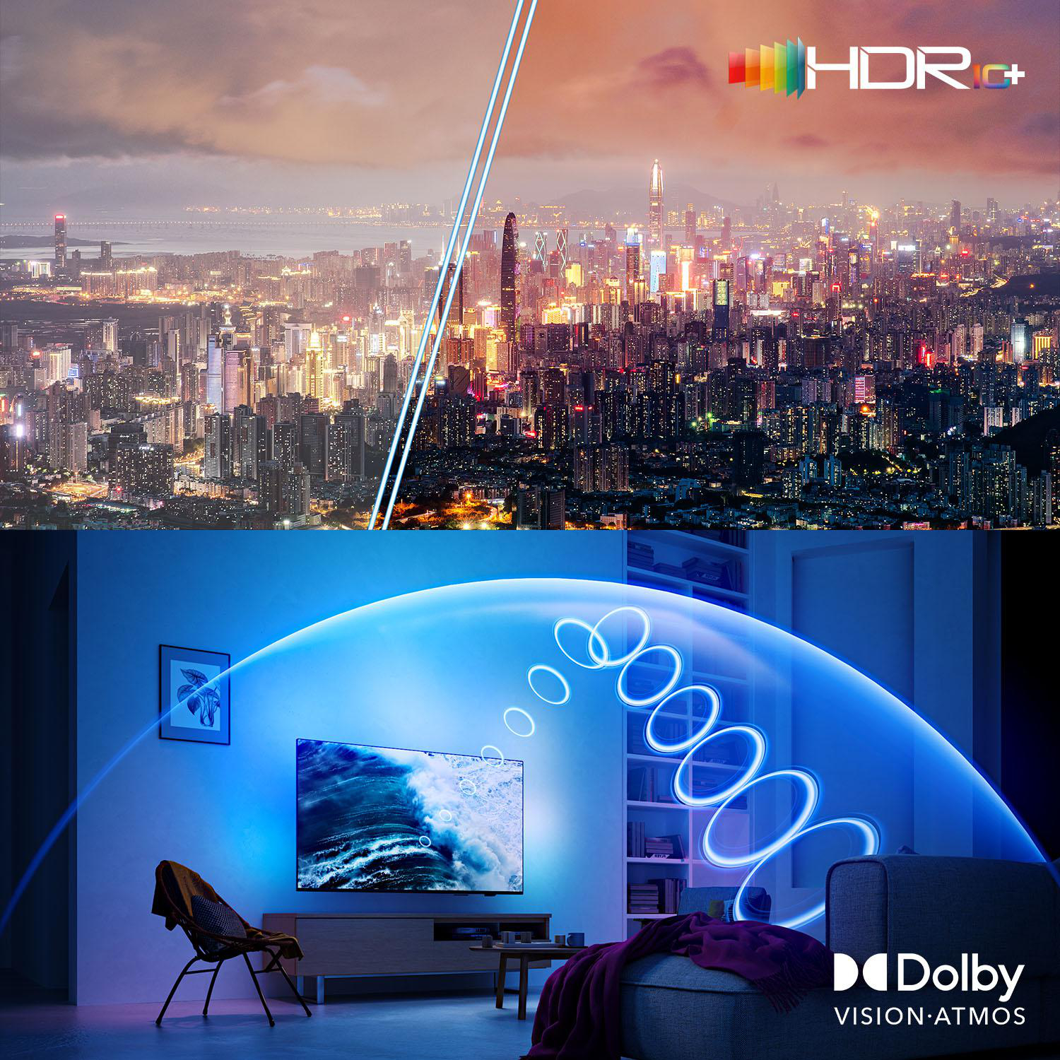 Stadtpanorama und Fernseher in einem Raum. Fernseher hat blauen Lichteffekt und Dolby Logo.