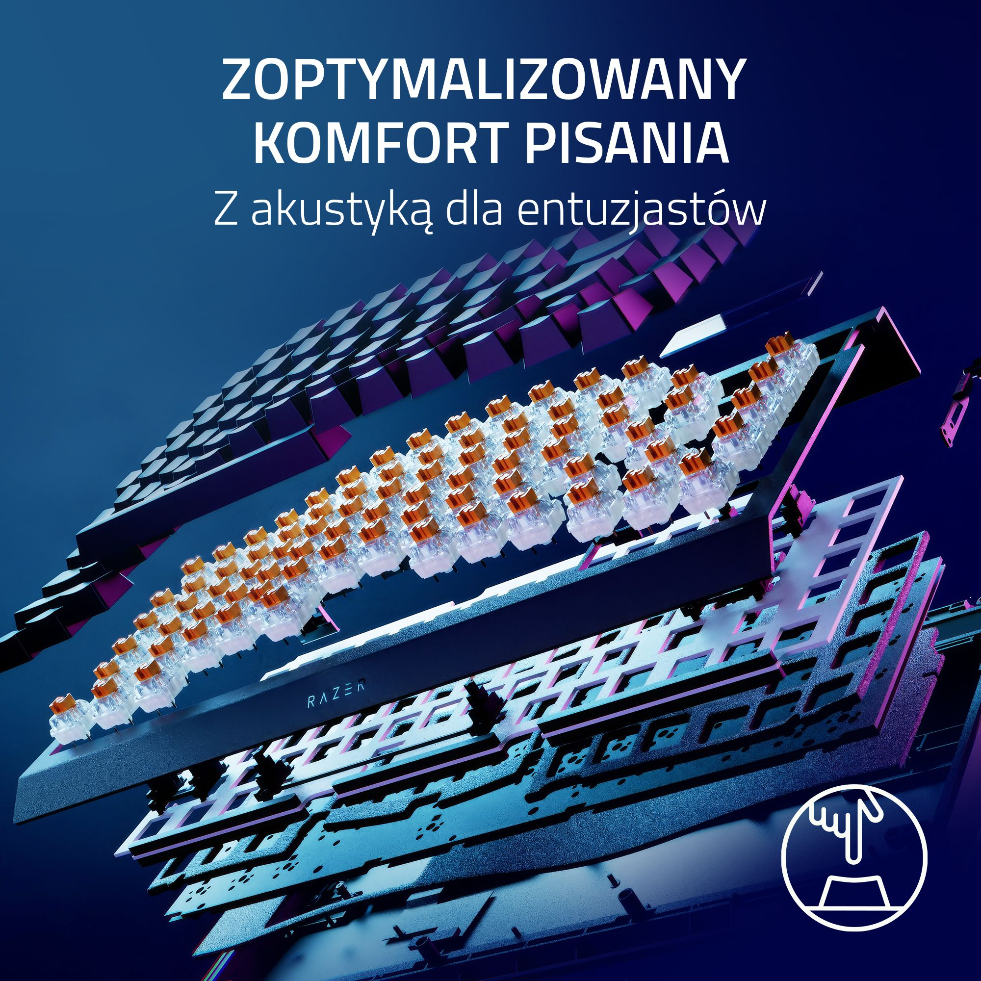 Widok rozstrzelony komponentów klawiatury. Budowa klawiatury Razer z przełącznikami i warstwami.