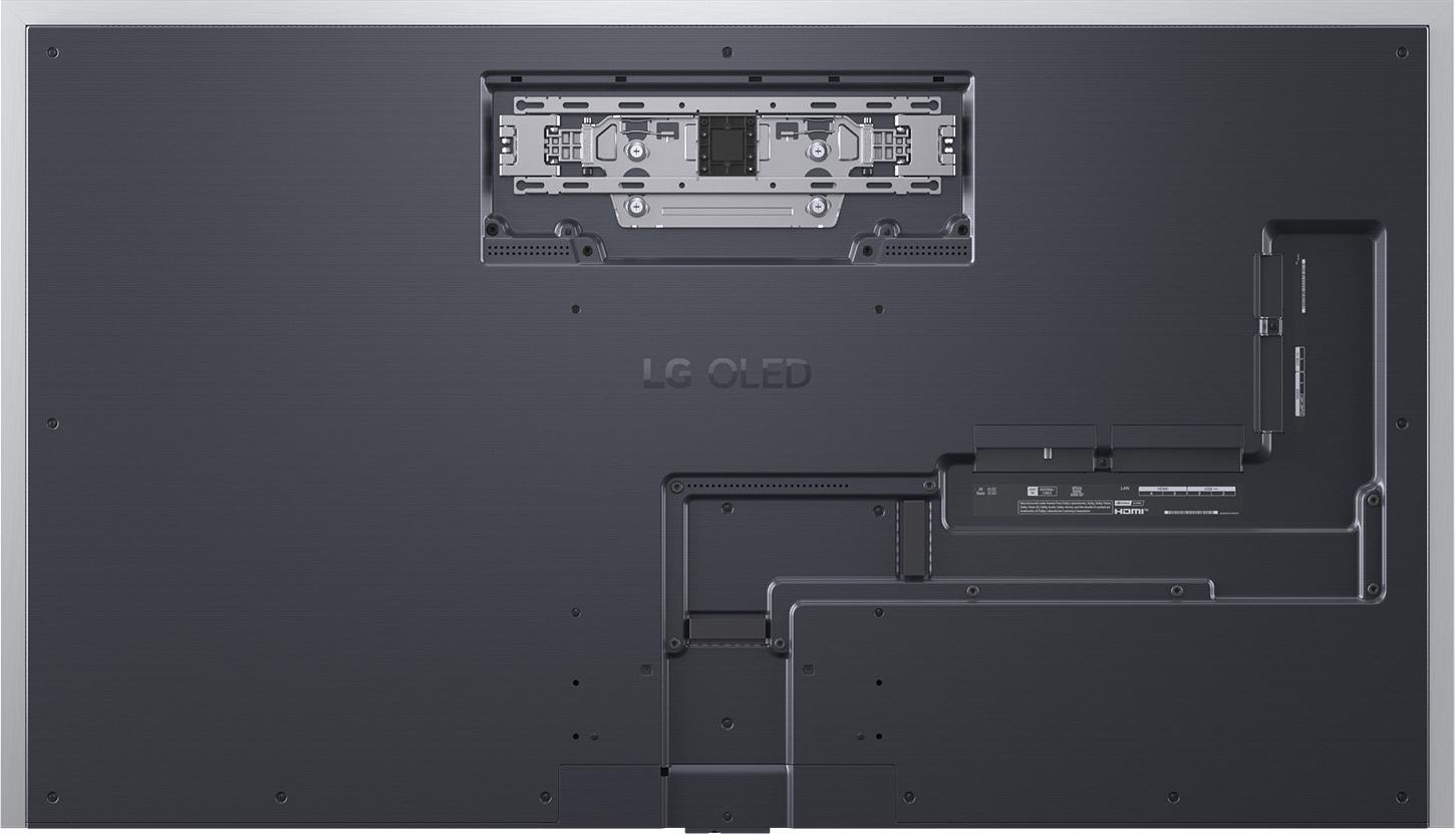 Rückseite eines schwarzen LG OLED-Fernsehers mit Anschlüssen und Halterungen.