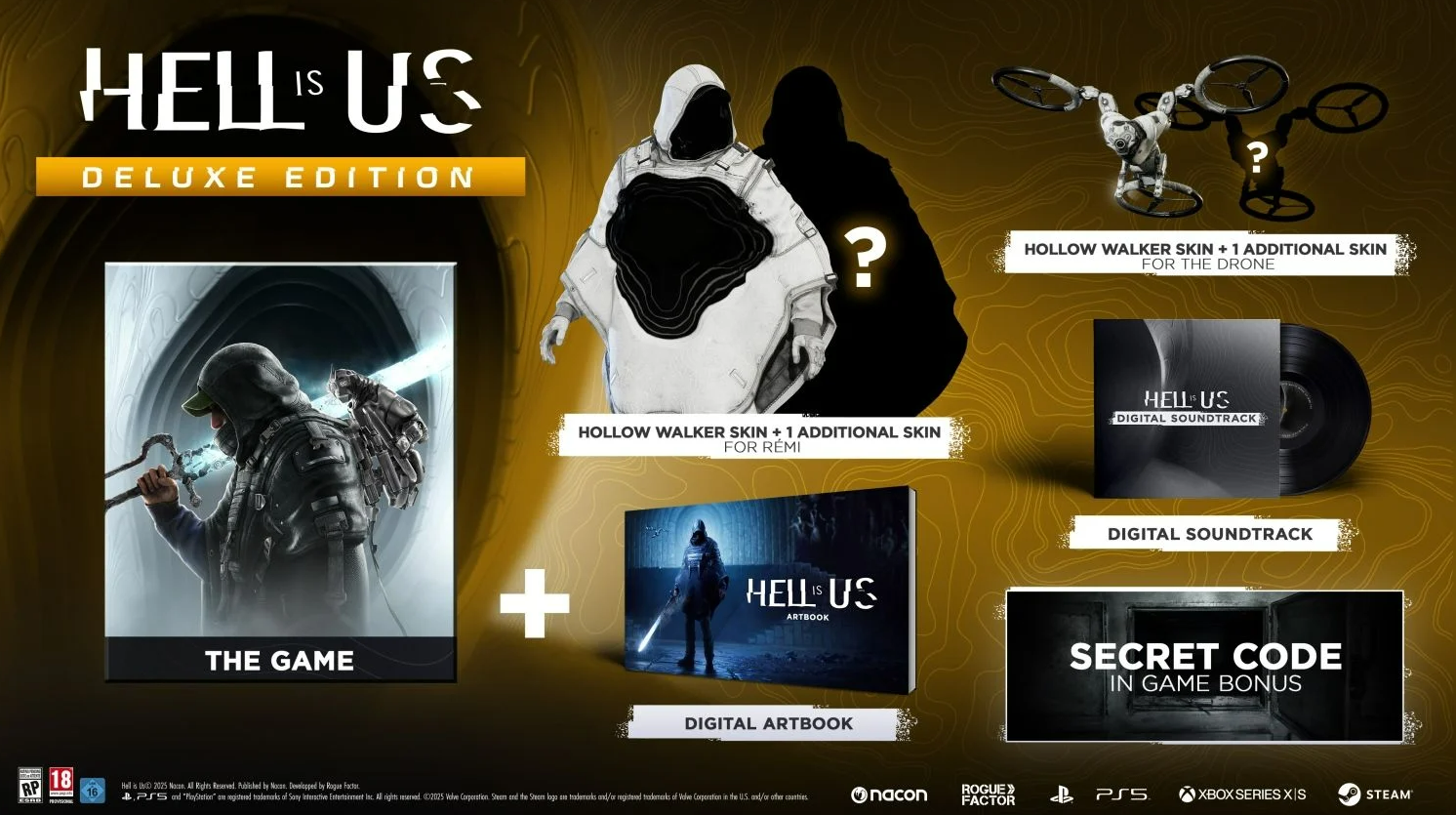 Hell is Us Deluxe Edition Spielinhalt, zeigt Spielkunst, Figuren, Drohne, digitales Artbook und mehr.