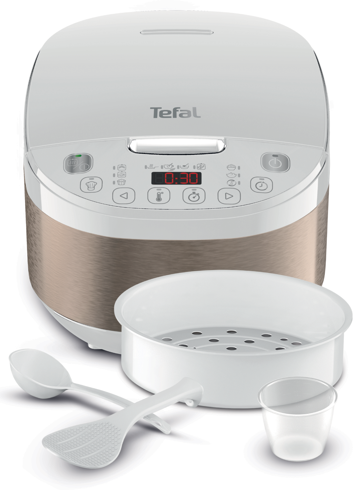 Fehér és arany Tefal rizsfőző kiegészítőkkel: gőzölő, kanál és mérőpohár.