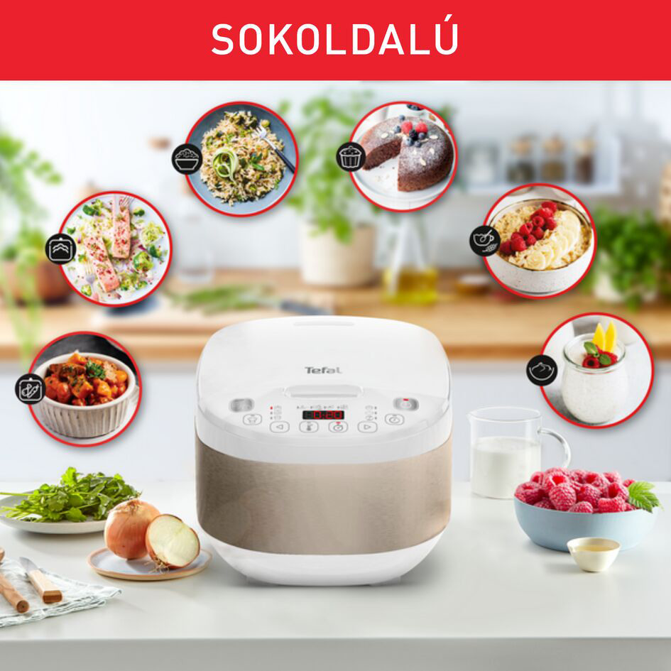 Fehér és barna Tefal rizsfőző, körülötte ételfotókkal.