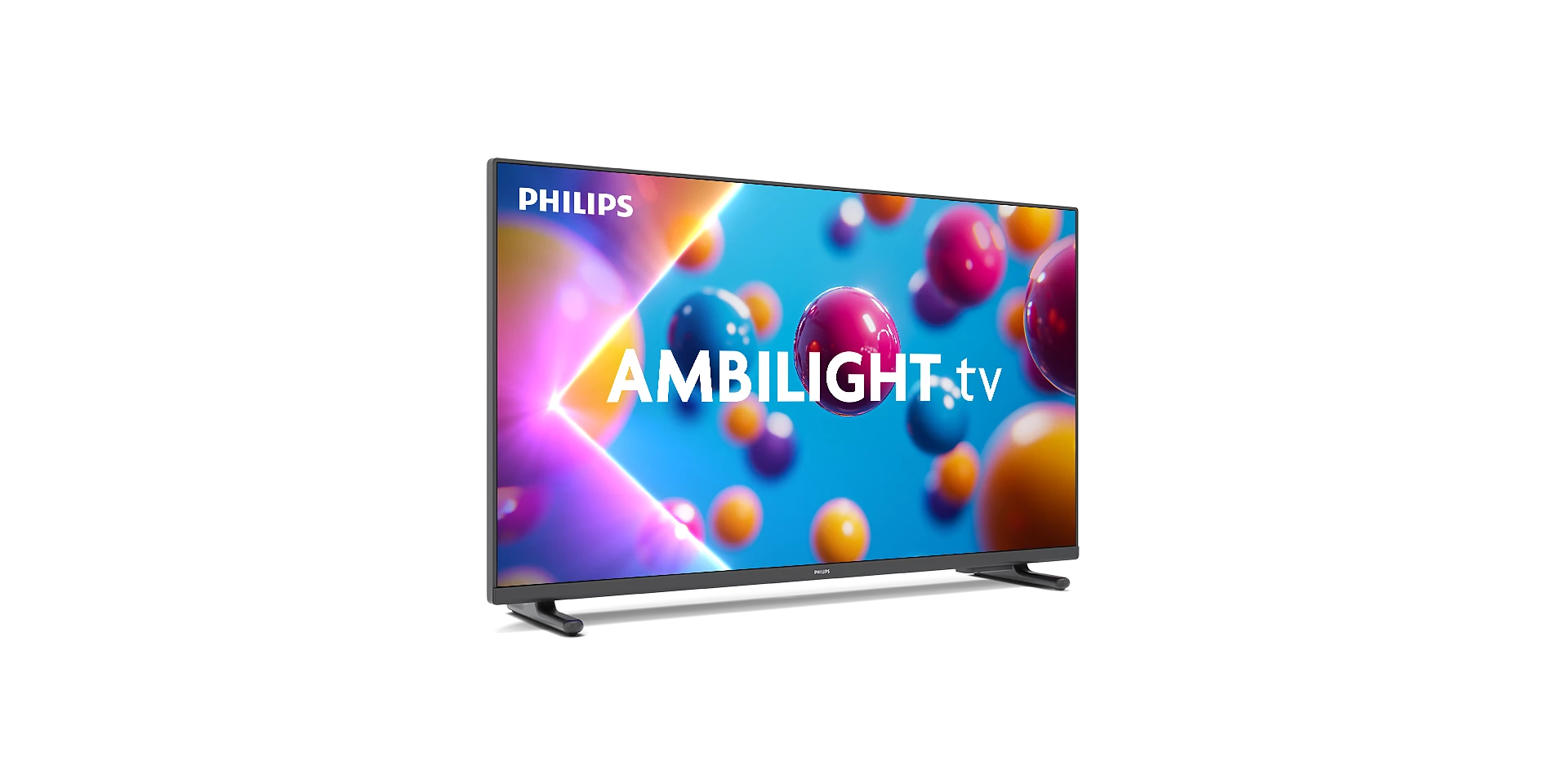 Un televisor Philips Ambilight muestra esferas de colores en la pantalla. El televisor está sobre un fondo blanco.