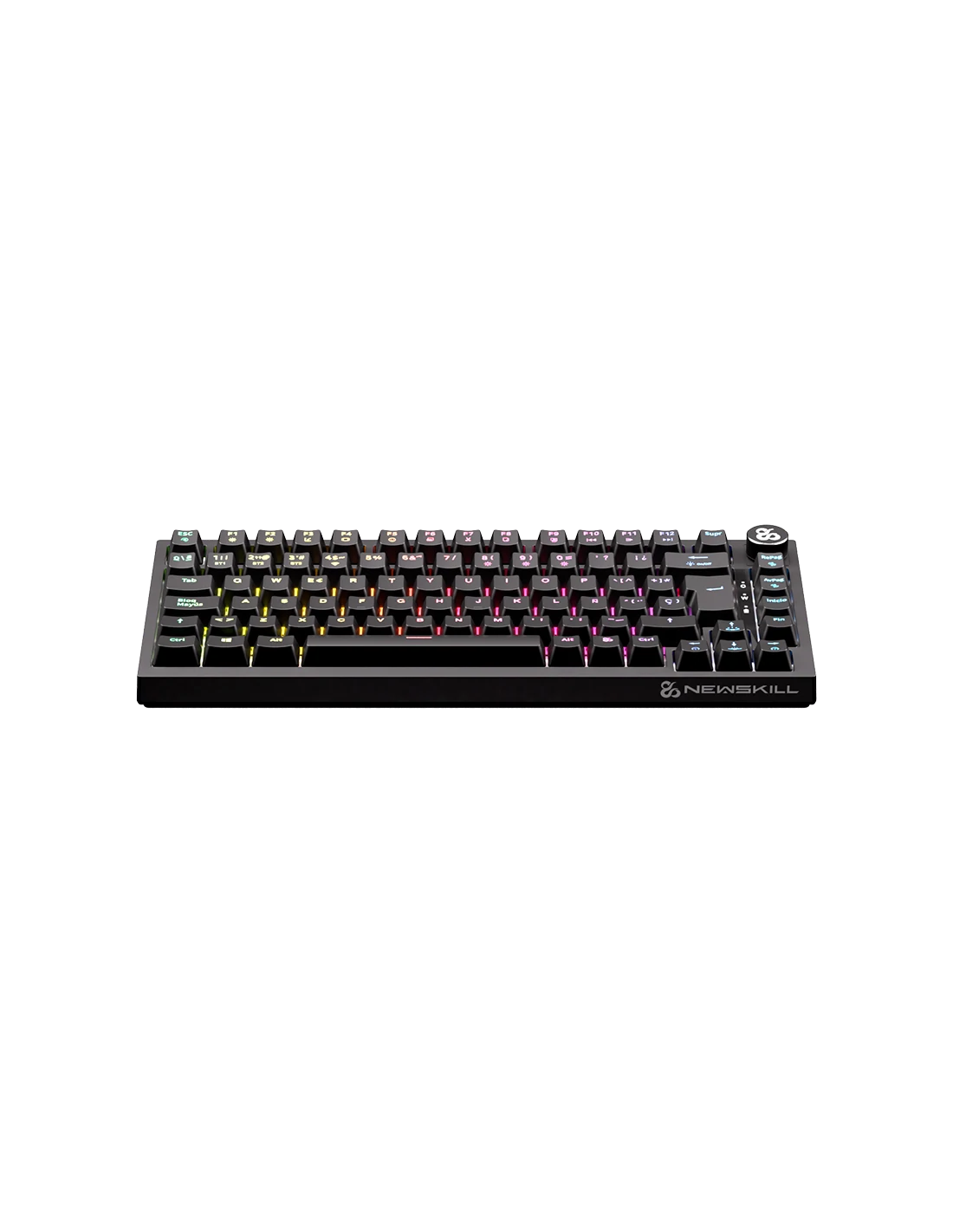 Teclado negro con teclas coloridas sobre fondo oscuro. Se ve la marca 'NEWSKILL'.