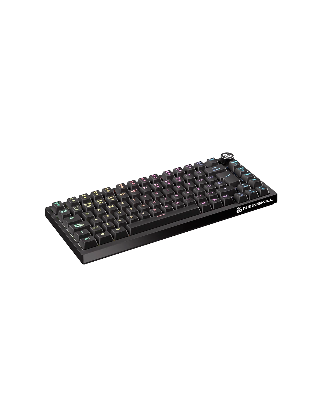Un teclado mecánico negro con teclas retroiluminadas de colores, sobre un fondo negro.