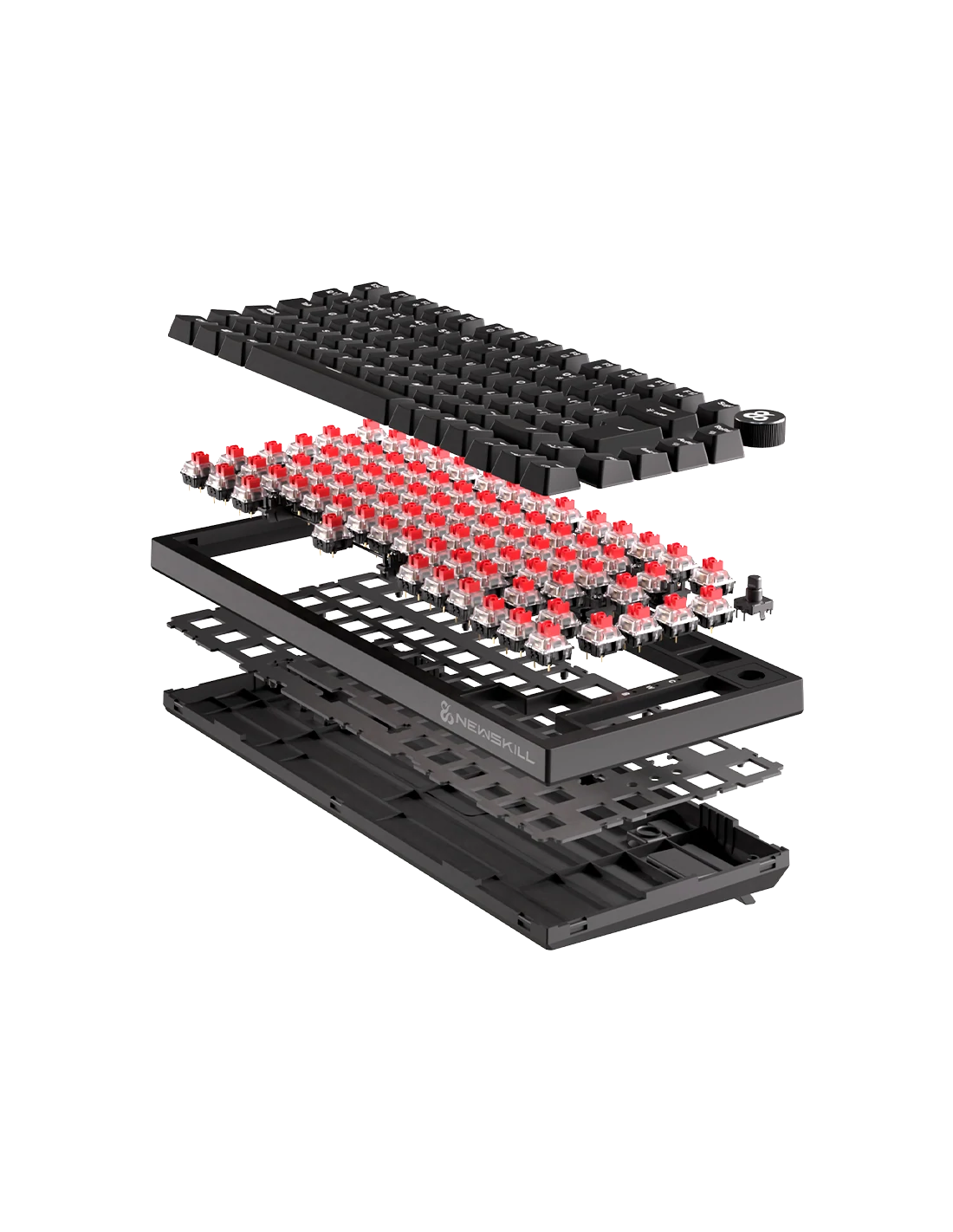 Vista explosionada de teclado mecánico negro con capas de componentes.