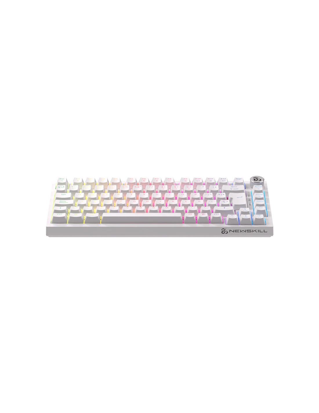 Teclado mecánico blanco con teclas arcoíris y logotipo Newskill. Las teclas están iluminadas.