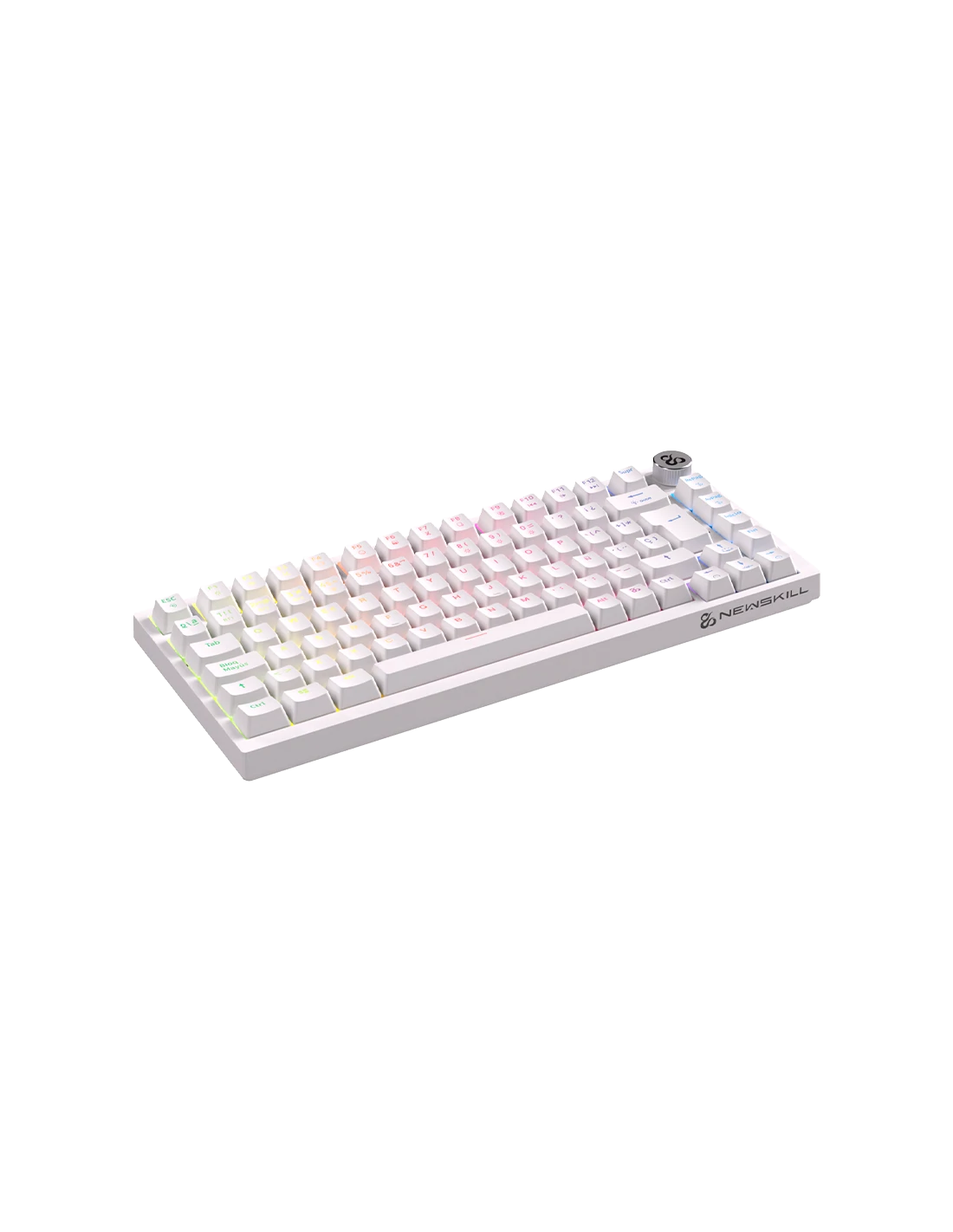Teclado blanco sobre fondo negro, teclas iluminadas, vista lateral.