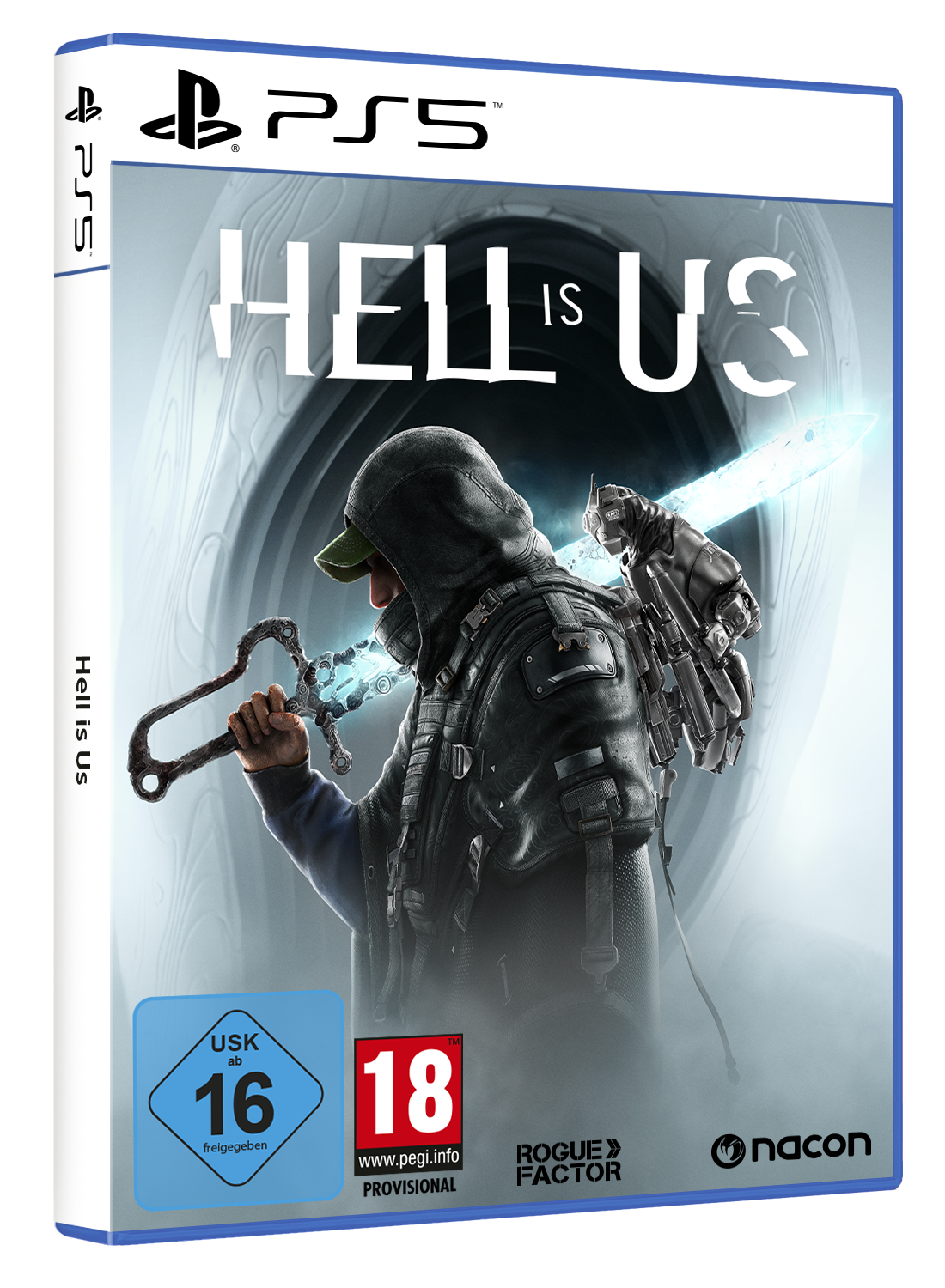 Eine PS5-Spielbox mit einem Mann in Kapuzenjacke, der ein Schwert hält. Der Titel 'Hell is Us' ist sichtbar.