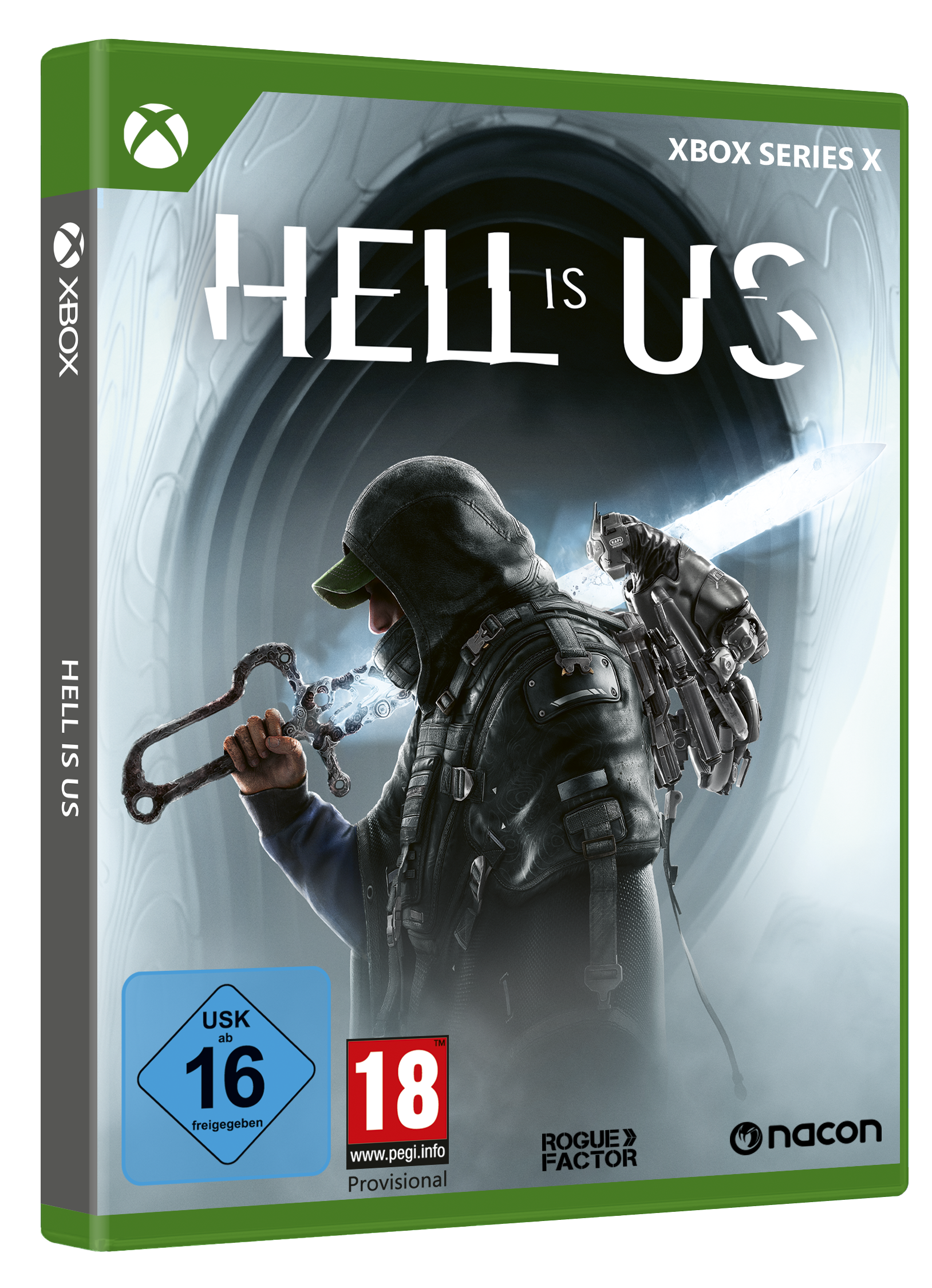 Spielbox-Art für 'Hell is Us' zeigt eine Kapuzenfigur mit einem leuchtenden Schwert auf einer Xbox Series X Box.