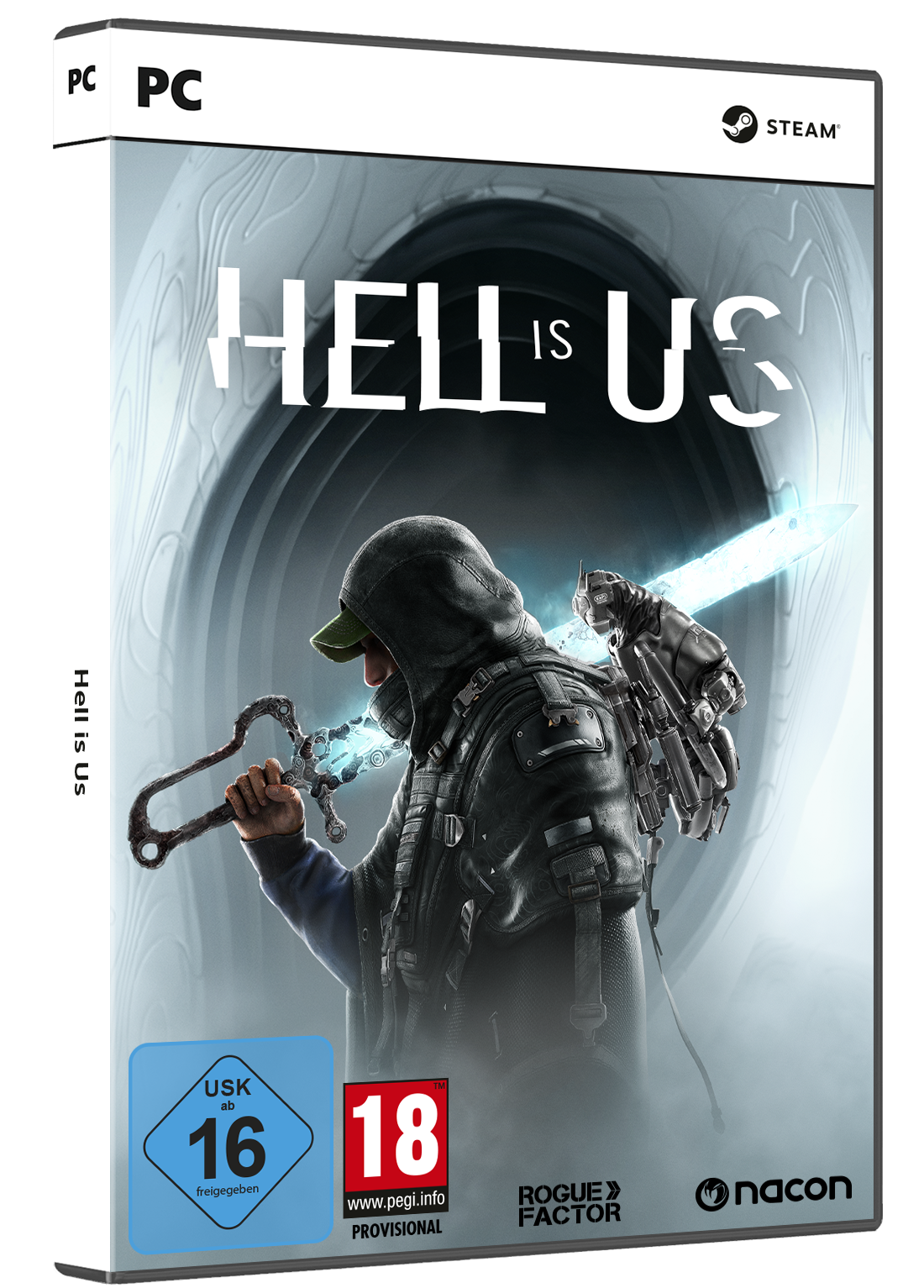 Videospielbox mit Person mit Schwert. Titel "Hell Is Us". Der Hintergrund ist dunkel.