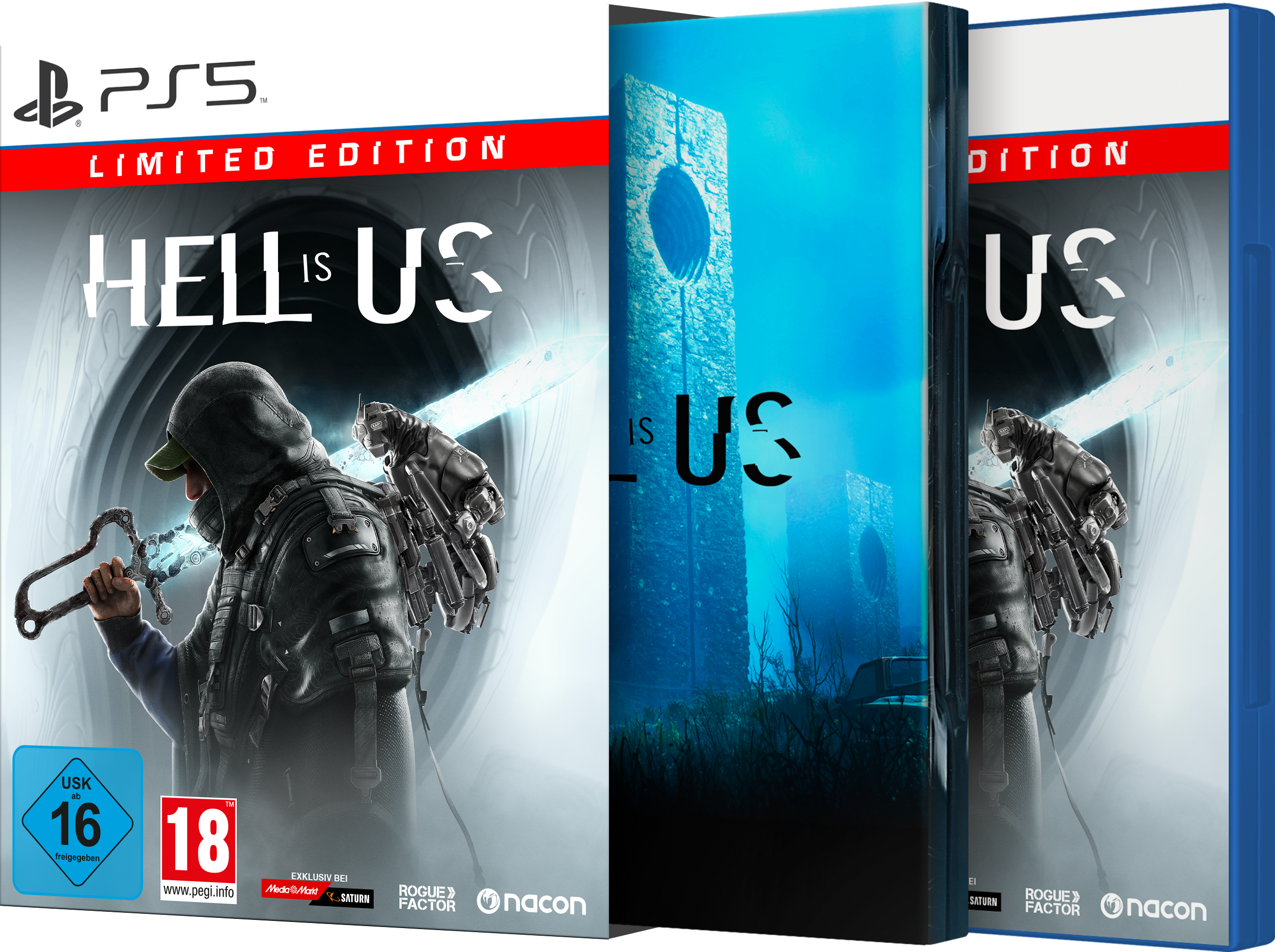 Spielbox für 'Hell is Us' mit einer Kapuzenfigur und dem Titel des Spiels. Zwei Spielcover sind abgebildet.