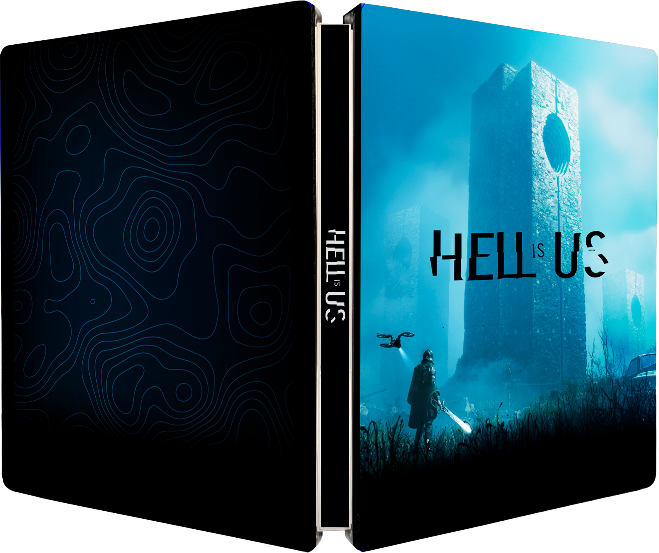 Spielbox-Art: zwei Figuren in einer dunklen, futuristischen Umgebung. Text: HELL IS US.
