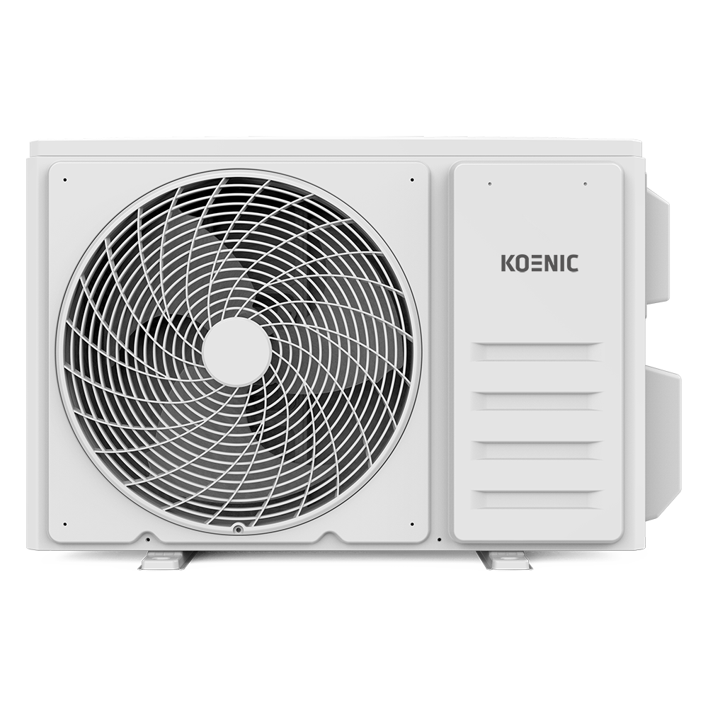 Aire acondicionado blanco con ventilador y la marca 'KOENIC' sobre fondo negro.