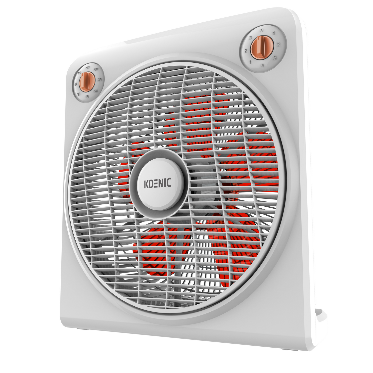 Ventilador blanco con aspas rojas, perillas de control y fondo blanco.