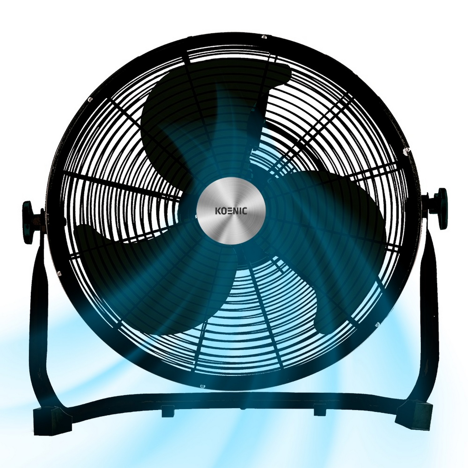 Ventilador Koenic negro con efecto de aire azul. Fondo blanco.