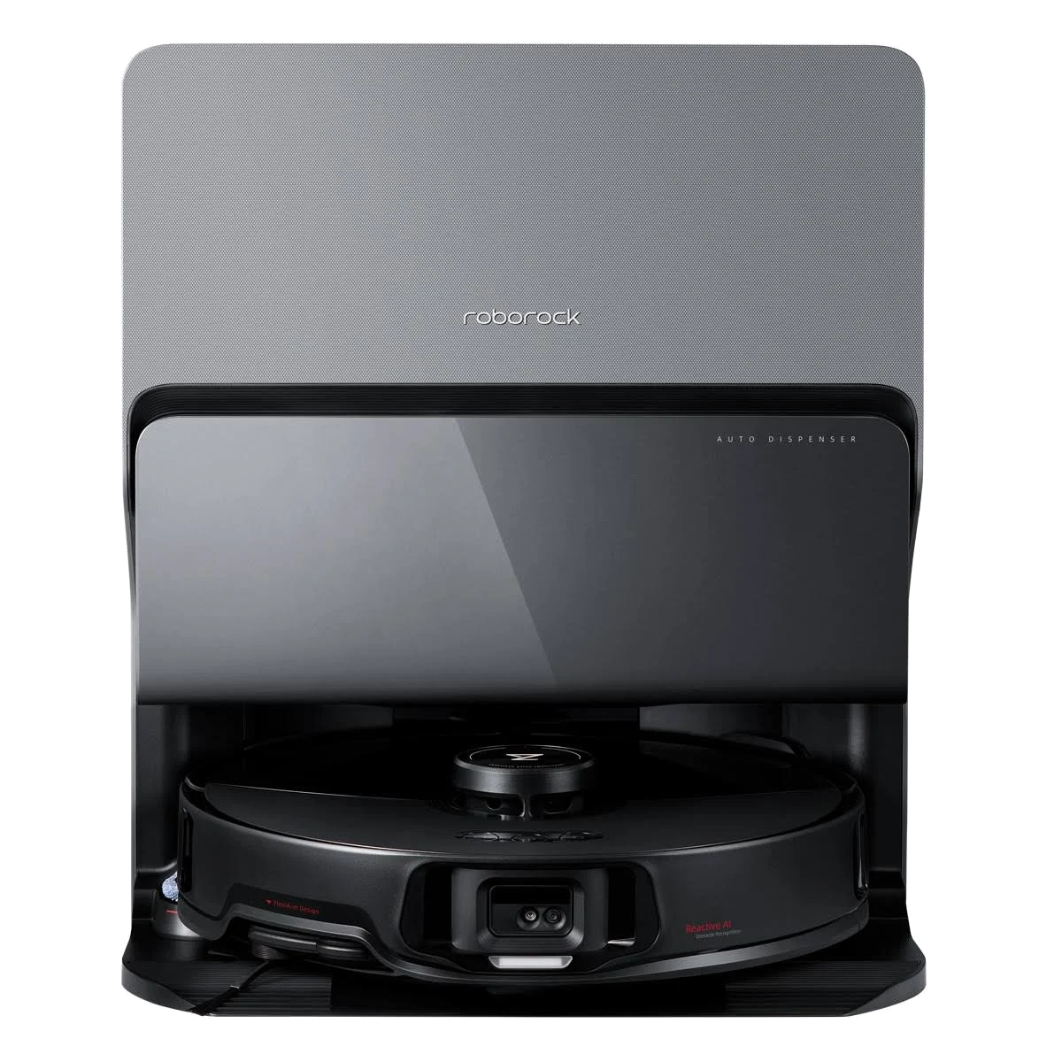 Una aspiradora robot Roborock con dispensador automático. El dispositivo es negro y gris.