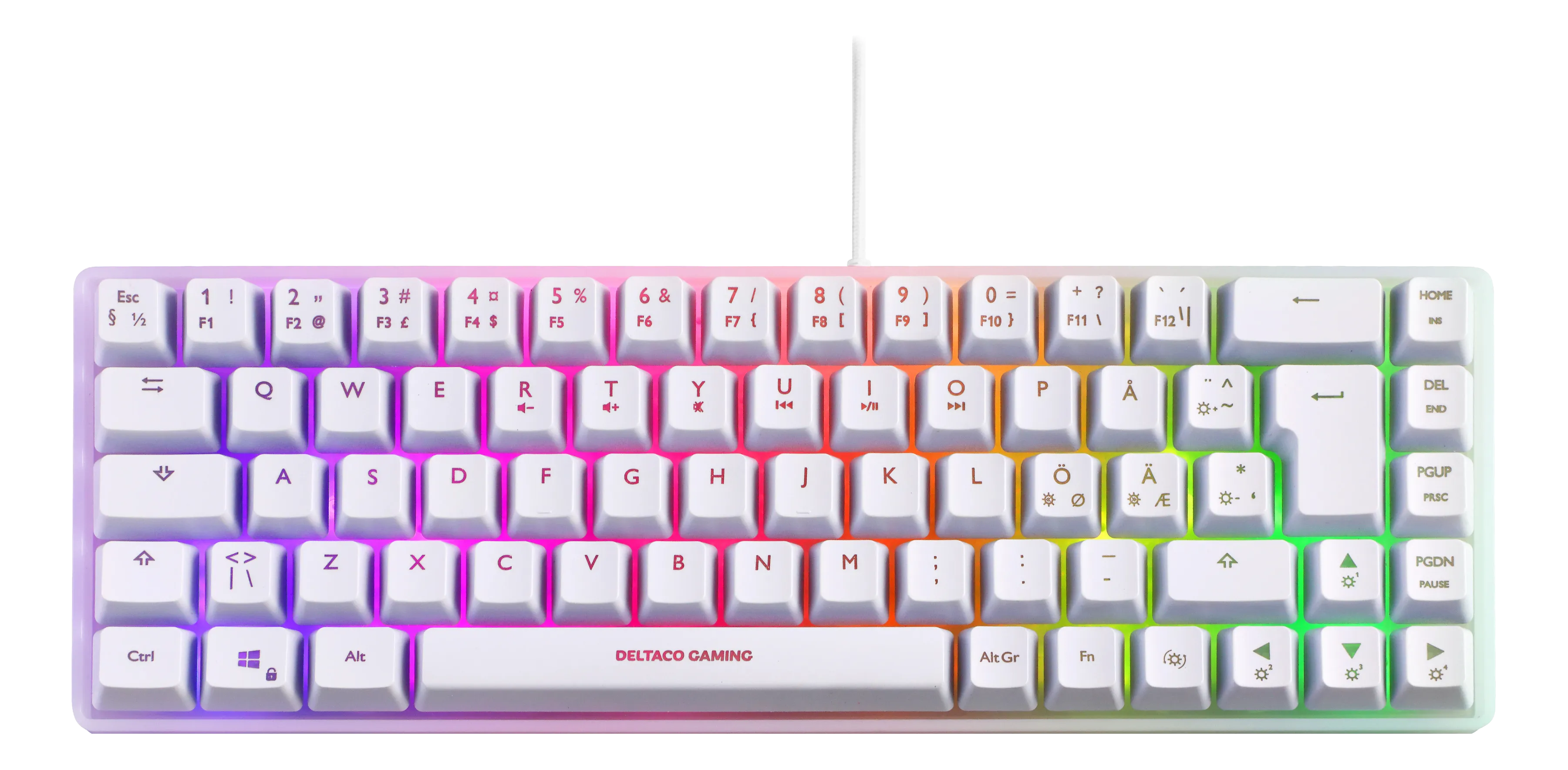 Weiße Tastatur mit Regenbogen-Tasten, Delta Taco Gaming Markenname darauf.