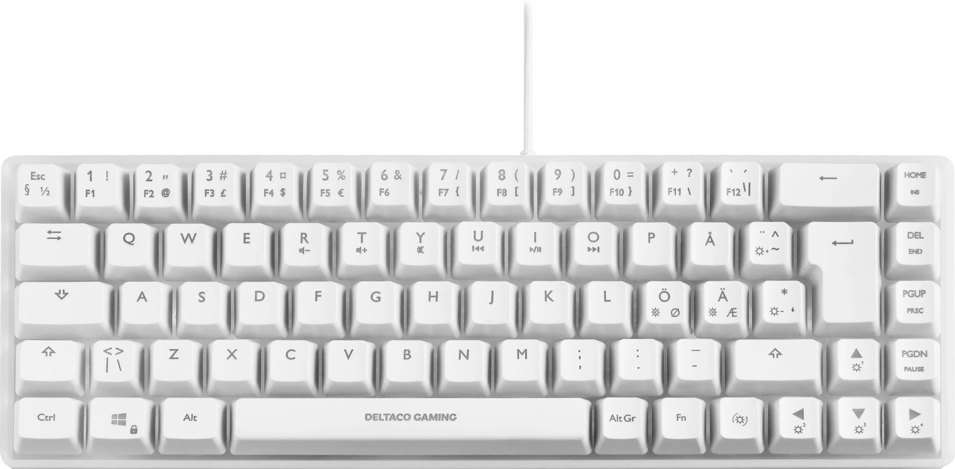 Weiße, kabelgebundene Tastatur mit mehreren Tasten und Buchstaben, DELTACO GAMING steht unten.
