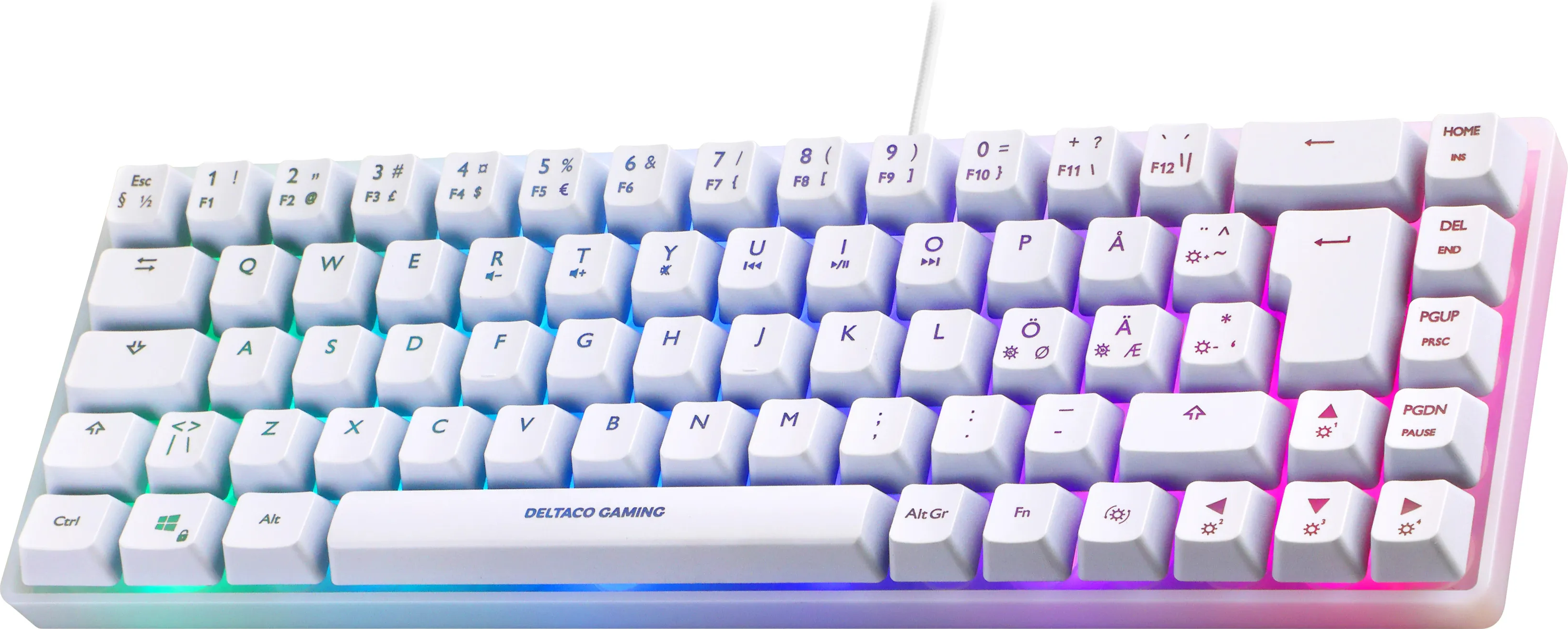 Weiße mechanische Tastatur mit mehrfarbiger LED-Beleuchtung unten und weißen Tastenkappen.