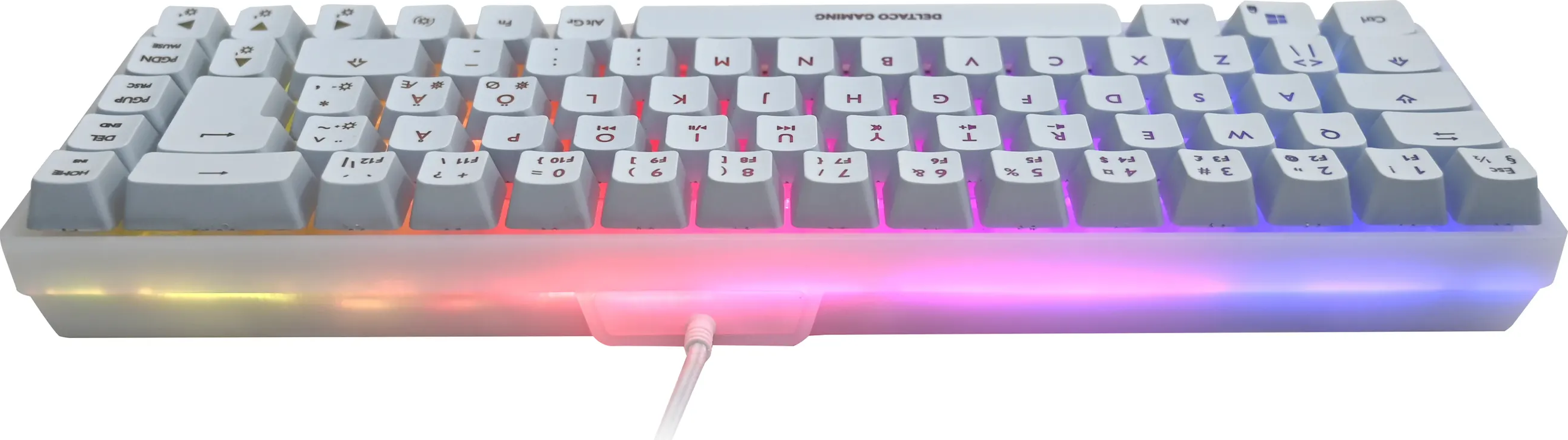 Weiße Tastatur mit beleuchteten Tasten, einem Netzkabel und Regenbogen-Untergrund.