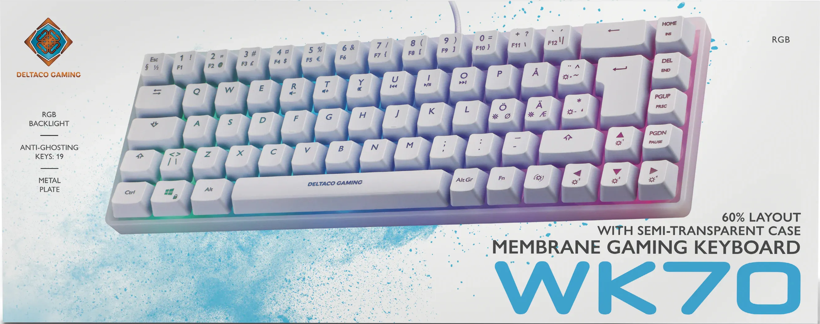 Eine weiße Tastatur mit RGB-Beleuchtung. Die Marke ist Deltaco Gaming. Sie hat ein halbtransparentes Gehäuse.