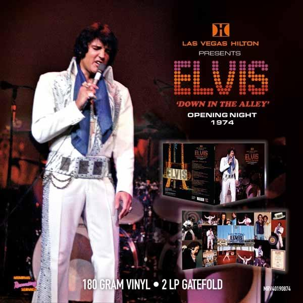 Couverture de l'album d'Elvis. Elvis en costume blanc tenant un micro, texte 'Down In The Alley'.